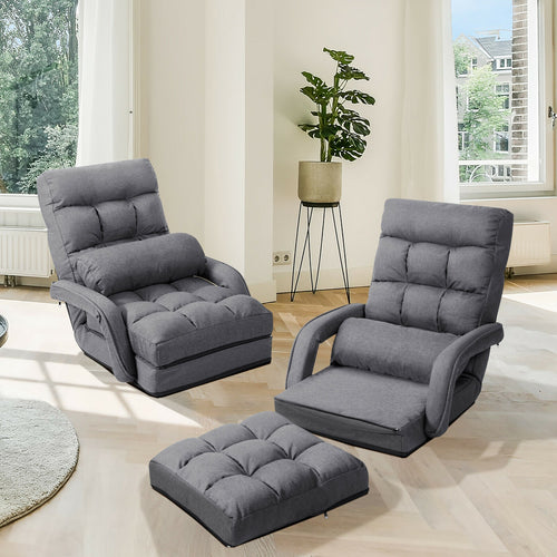 Folding Lazy Floor Chair Sofa With Armrests And Pillow, Gray