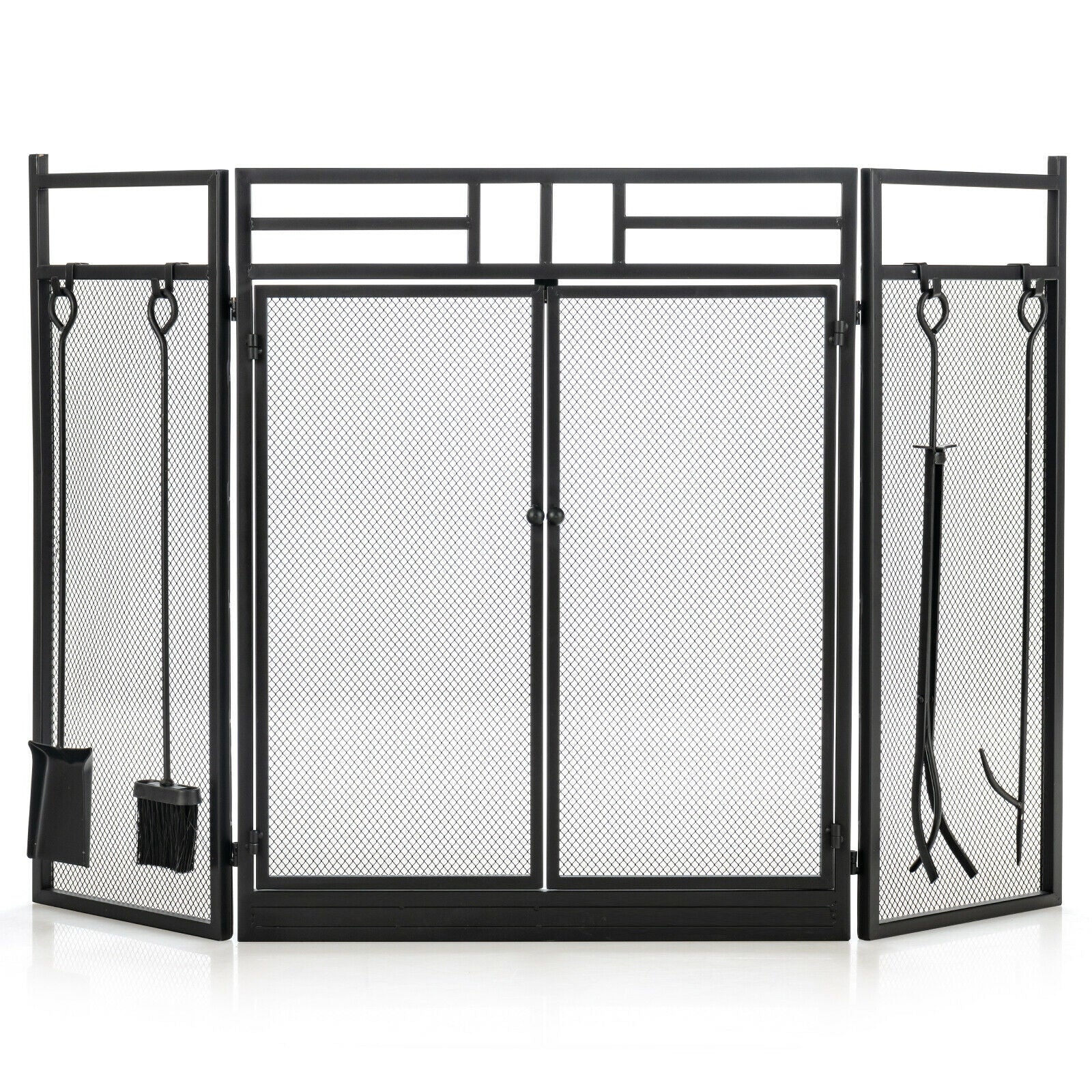 3-Panel Wrought Iron Fireplace Screen, 4 Tools Set, Black Fireplace Tools at Gallery Canada