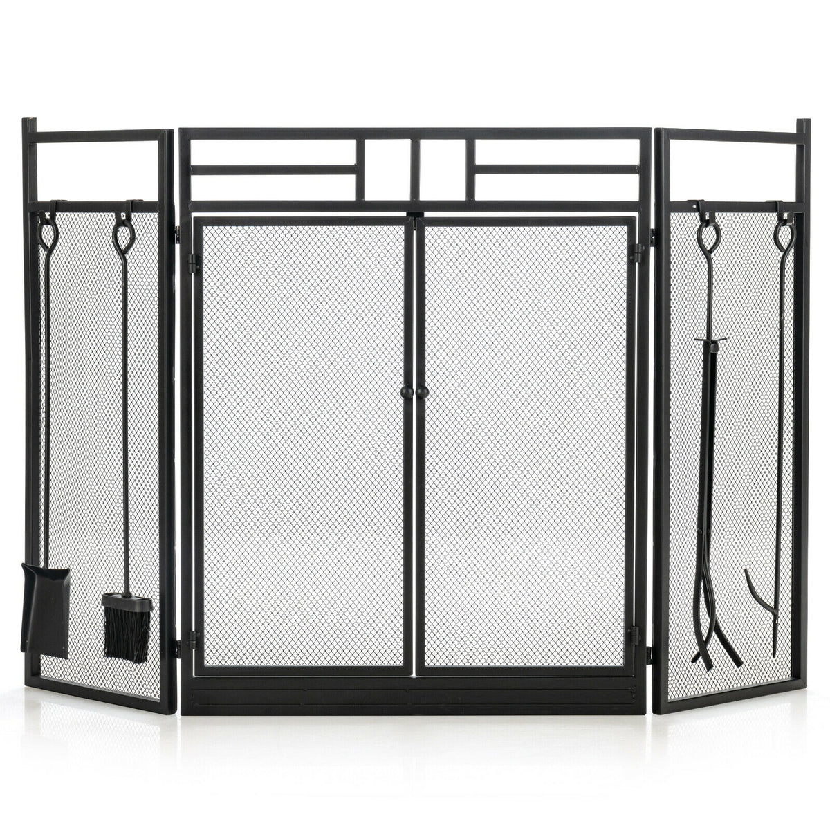 3-Panel Wrought Iron Fireplace Screen, 4 Tools Set, Black Fireplace Tools Black at Gallery Canada