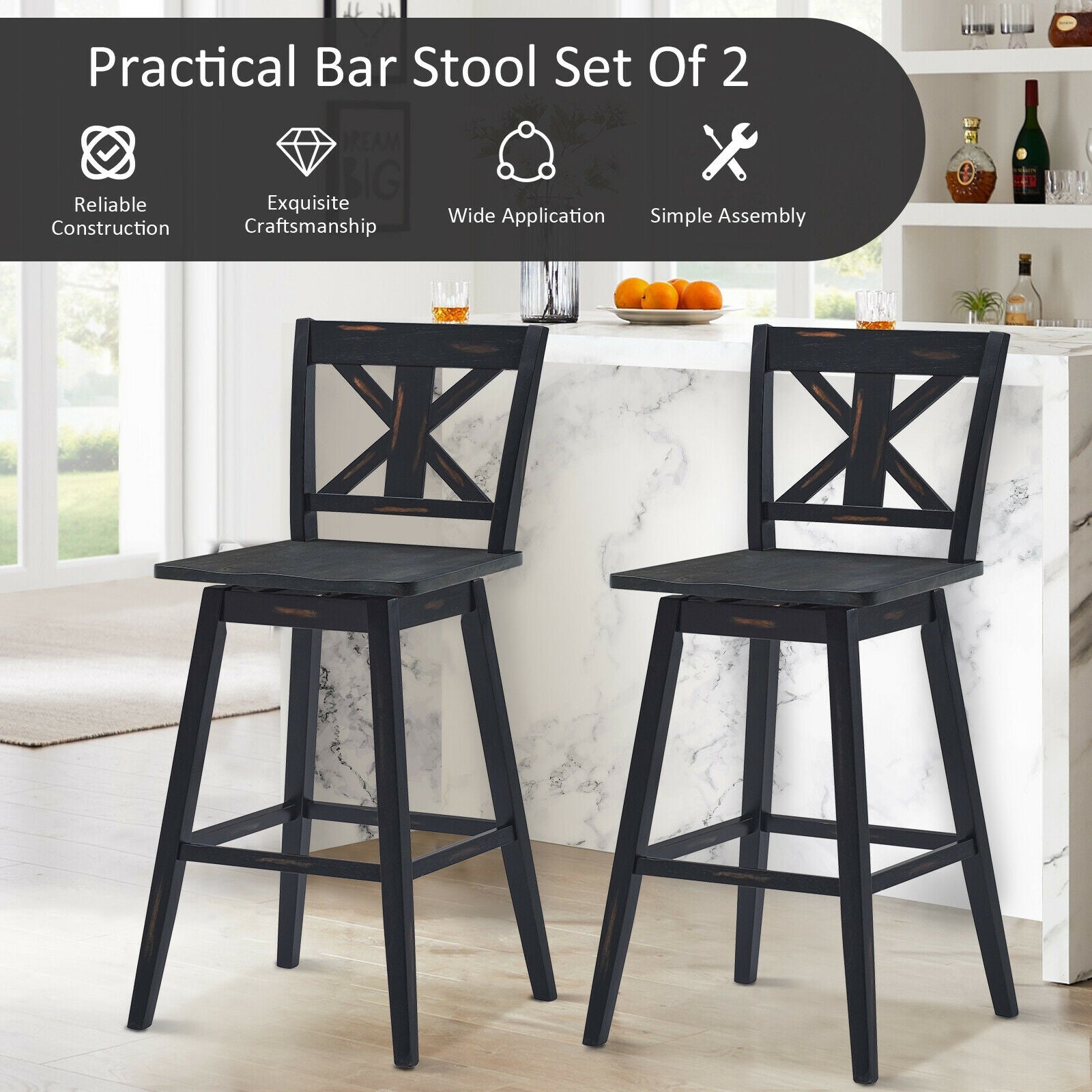 Set Of 2 360-Degree Swivel Bar Stools, Black Bar Stools at Gallery Canada