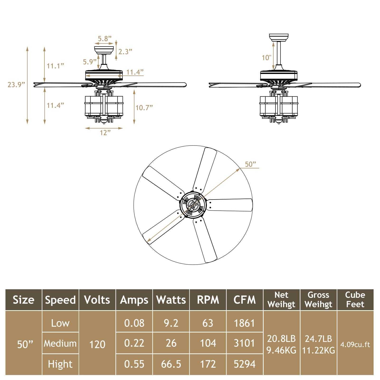 50 Inch Noiseless Ceiling Fan Light, Explosion-Proof Glass Lampshades, Black Ceiling Fans at Gallery Canada