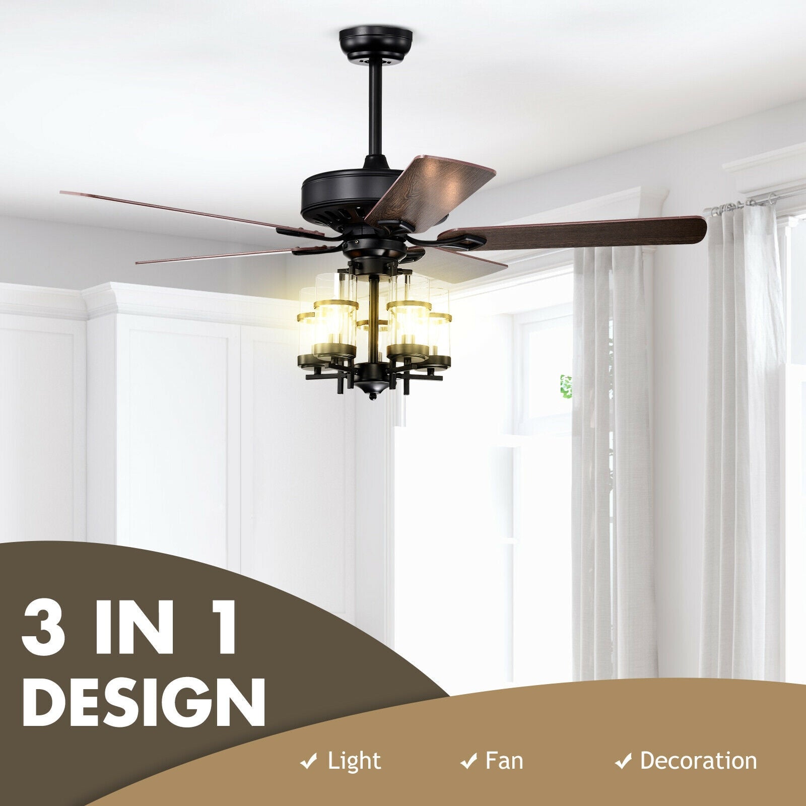 50 Inch Noiseless Ceiling Fan Light, Explosion-Proof Glass Lampshades, Black Ceiling Fans at Gallery Canada