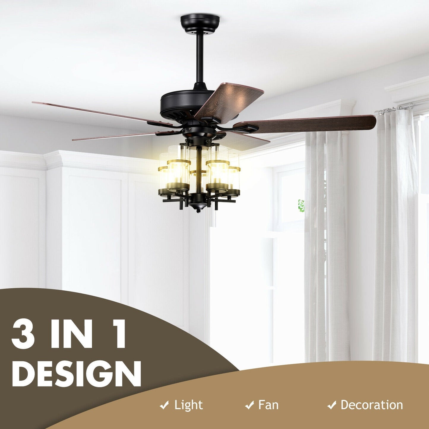50 Inch Noiseless Ceiling Fan Light, Explosion-Proof Glass Lampshades, Black Ceiling Fans at Gallery Canada