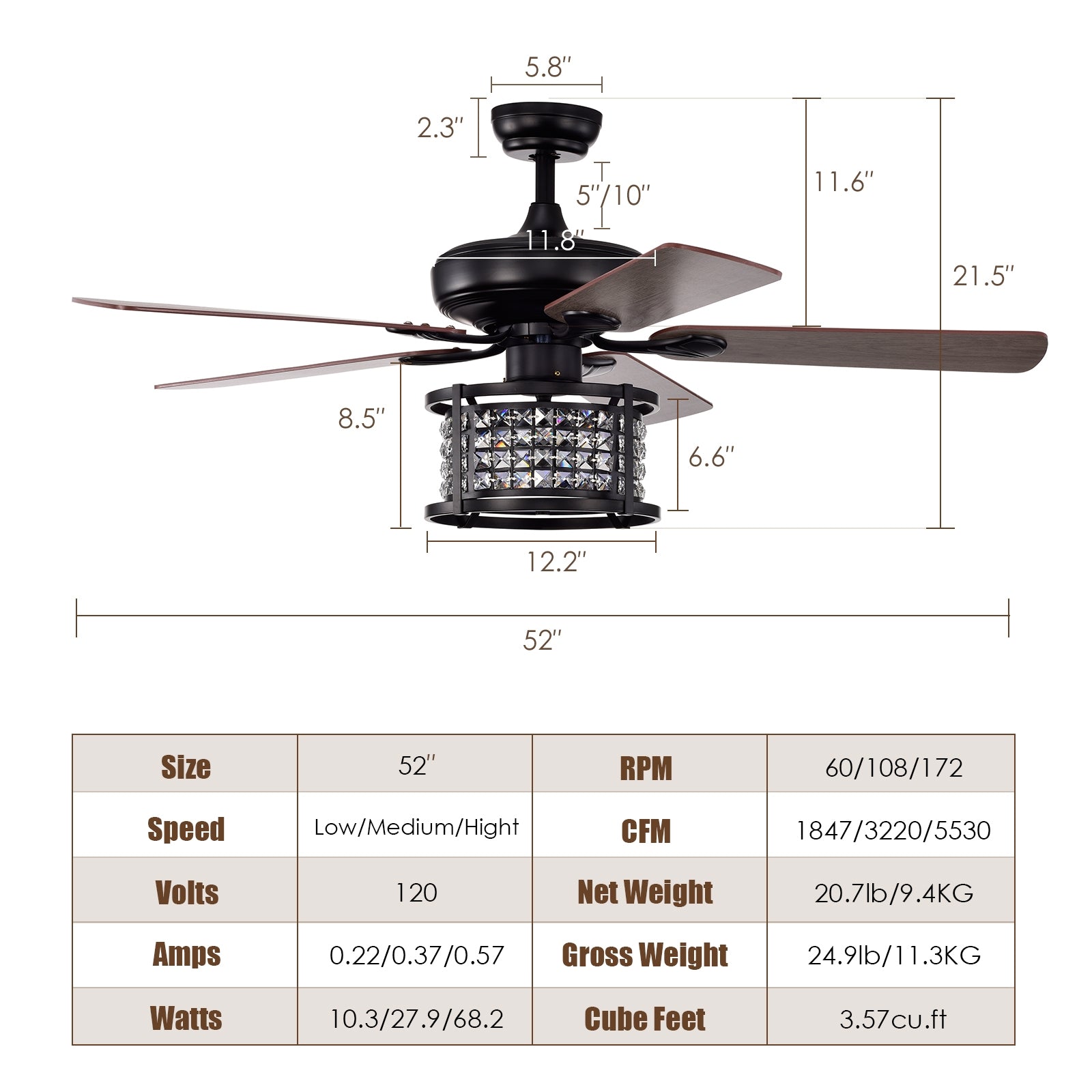 52 Inch 3-Speed Crystal Ceiling Fan Light, Remote Control, Black Ceiling Fans at Gallery Canada