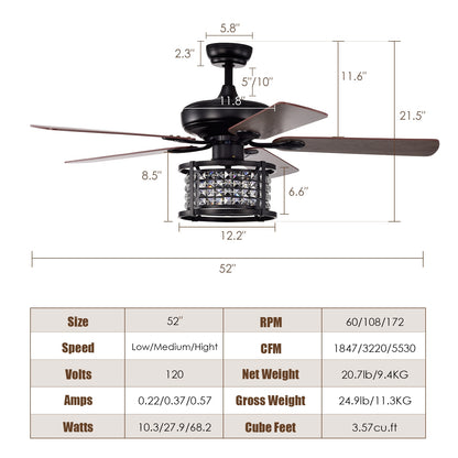 52 Inch 3-Speed Crystal Ceiling Fan Light, Remote Control, Black Ceiling Fans at Gallery Canada