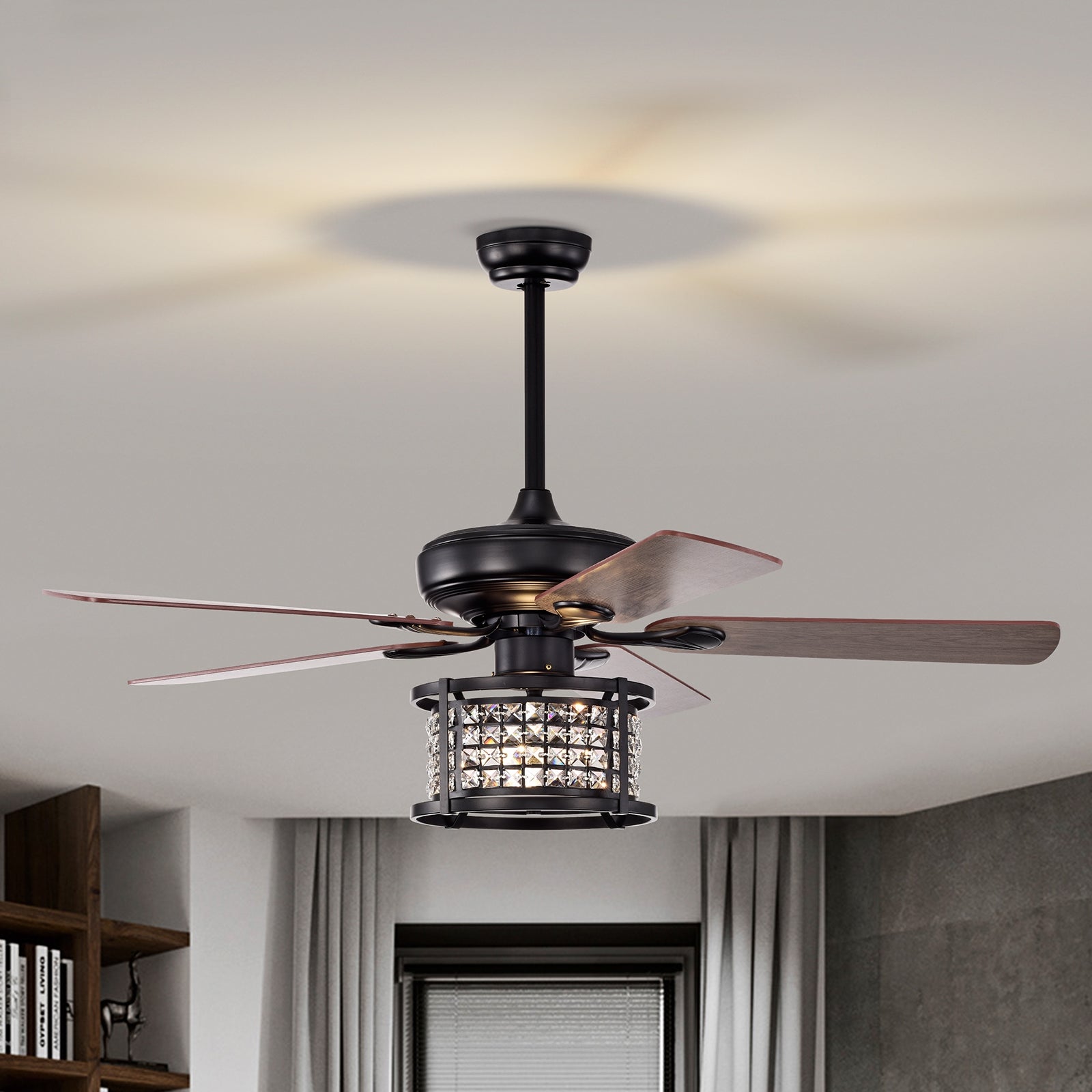 52 Inch 3-Speed Crystal Ceiling Fan Light, Remote Control, Black Ceiling Fans at Gallery Canada