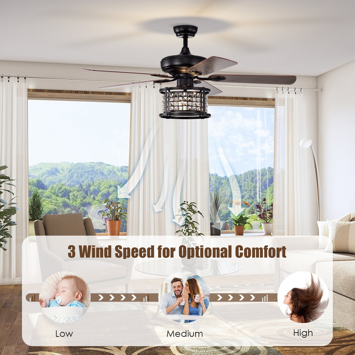 52 Inch 3-Speed Crystal Ceiling Fan Light, Remote Control, Black Ceiling Fans at Gallery Canada