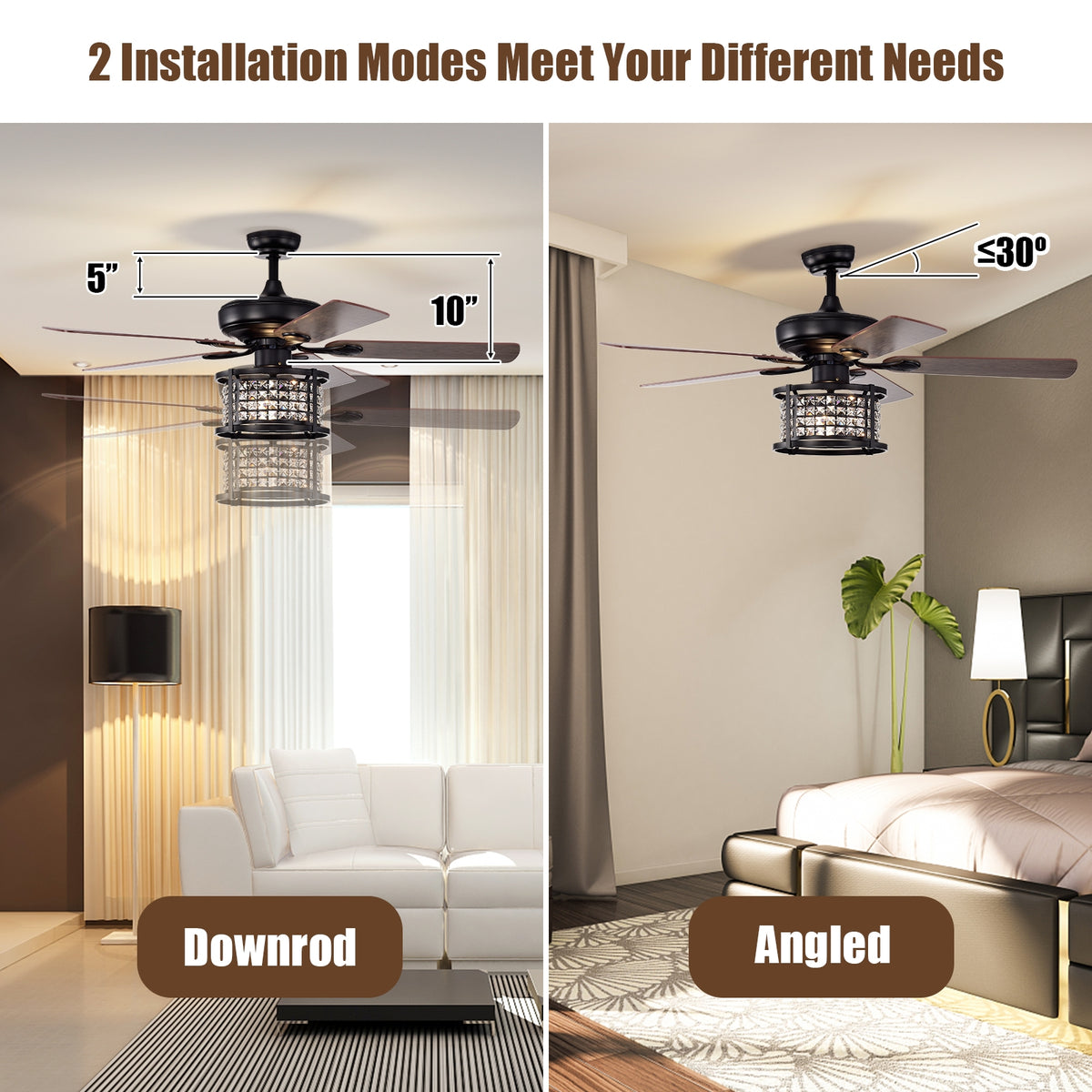 52 Inch 3-Speed Crystal Ceiling Fan Light, Remote Control, Black Ceiling Fans at Gallery Canada