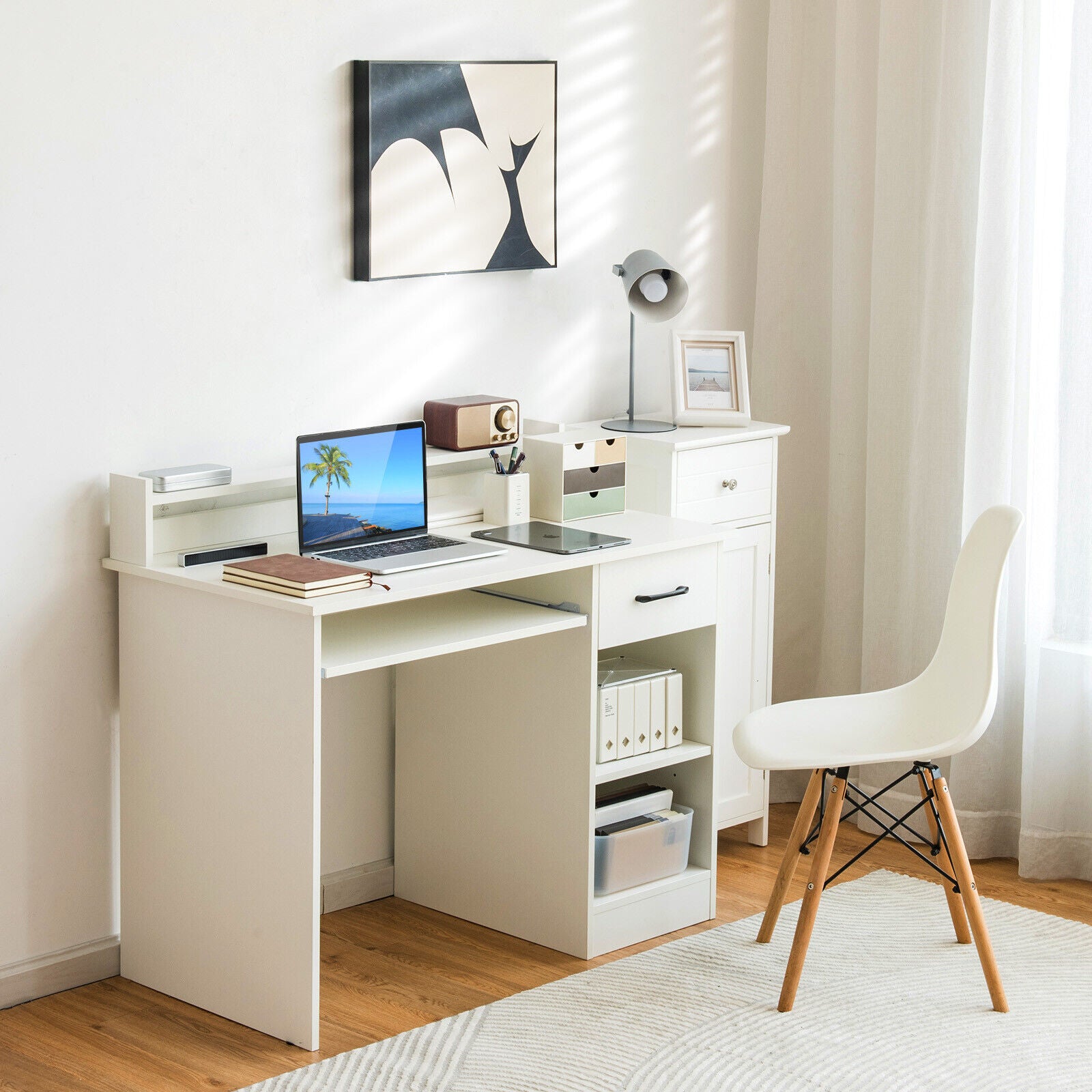 Study Laptop Table With Drawer, Keyboard Tray, White Computer Desks at Gallery Canada