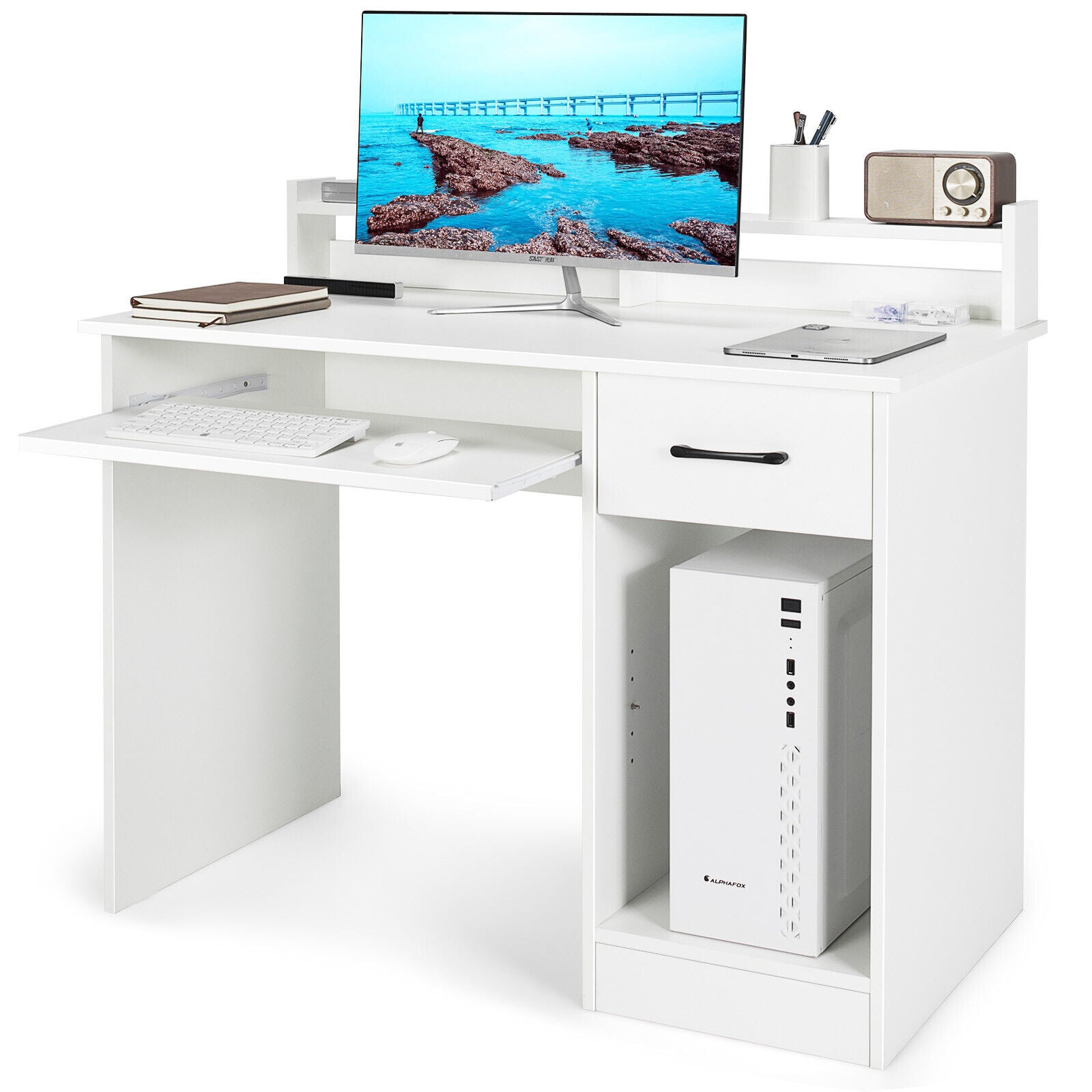 Study Laptop Table With Drawer, Keyboard Tray, White Computer Desks at Gallery Canada
