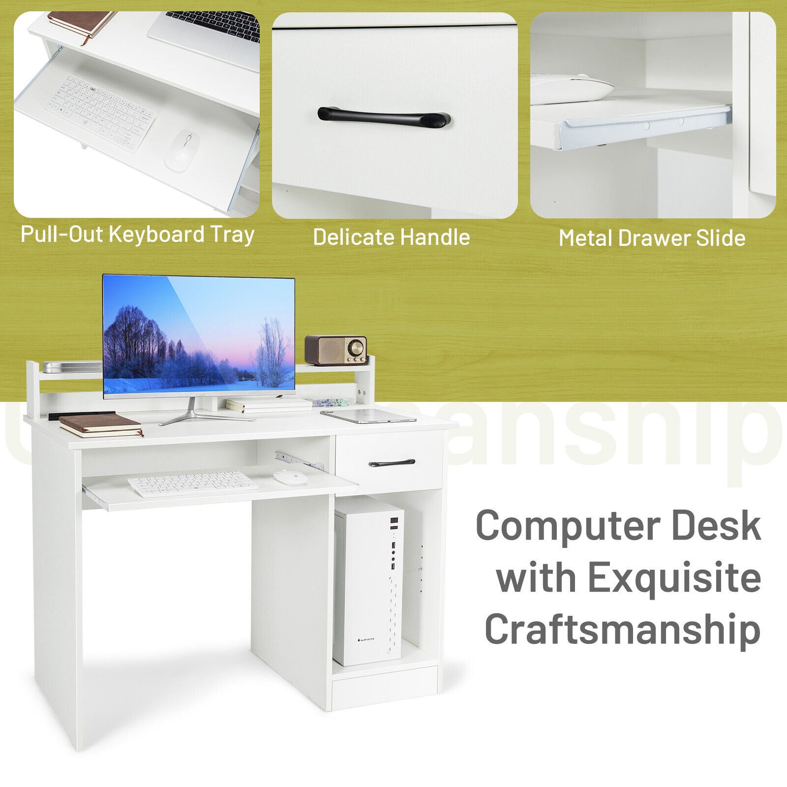 Study Laptop Table With Drawer, Keyboard Tray, White Computer Desks at Gallery Canada