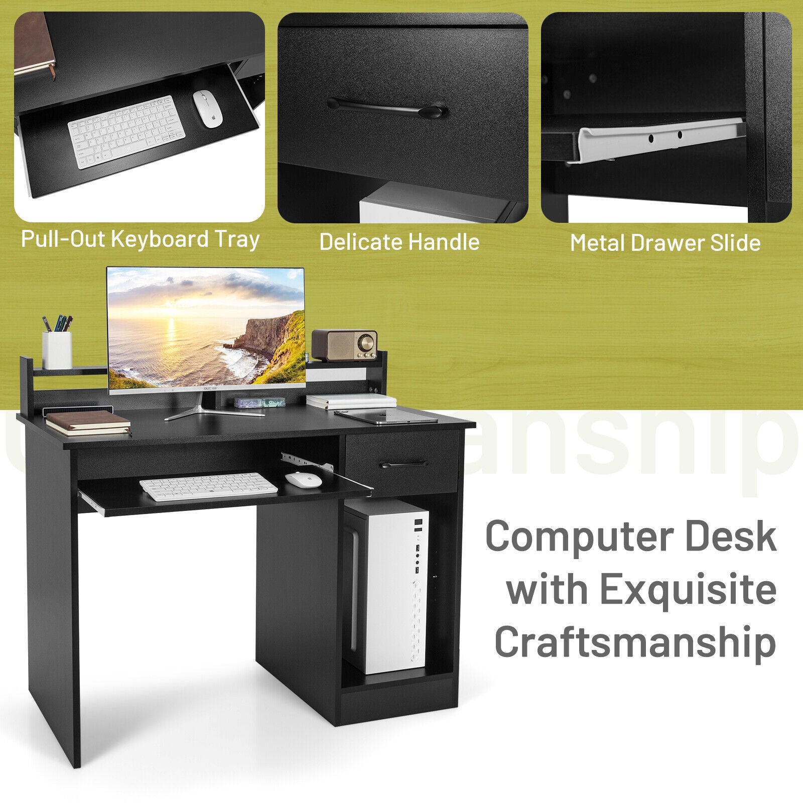 Study Laptop Table With Drawer, Keyboard Tray, Black Computer Desks at Gallery Canada