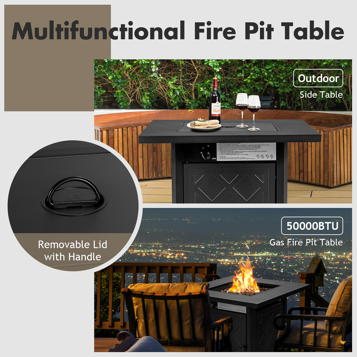 28 Inch Propane 50,000 BTU Patio Square Gas Fireplace, Black Fire Pits at Gallery Canada