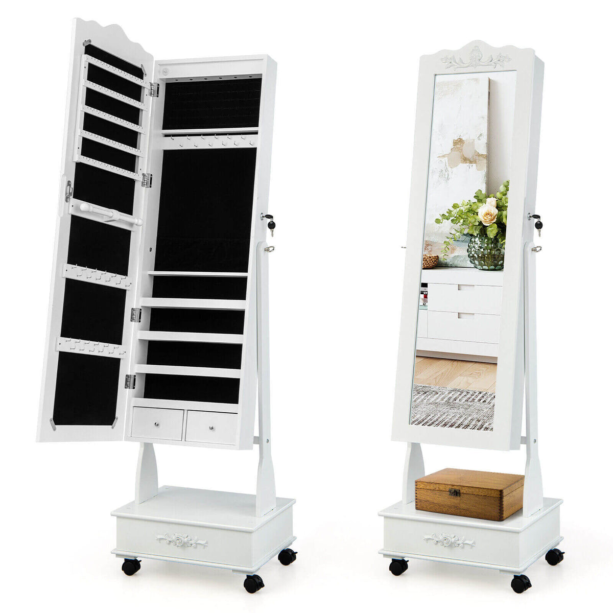 Rolling Floor Standing Mirrored Jewelry Armoire With Lock, Drawers, White Jewelry Armoires at Gallery Canada