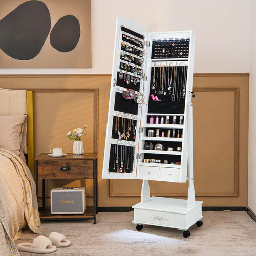 Rolling Floor Standing Mirrored Jewelry Armoire With Lock, Drawers, White