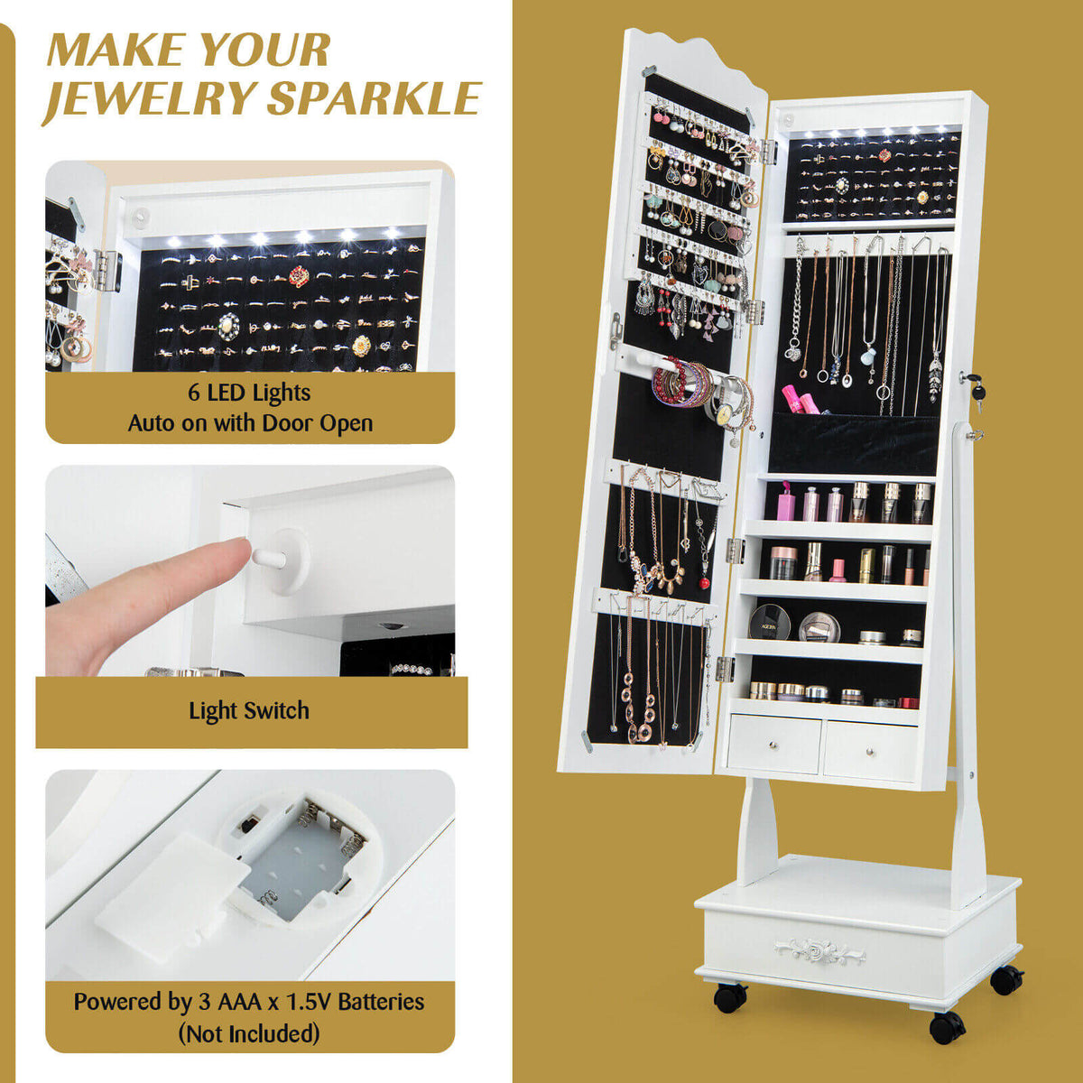 Rolling Floor Standing Mirrored Jewelry Armoire With Lock, Drawers, White Jewelry Armoires at Gallery Canada