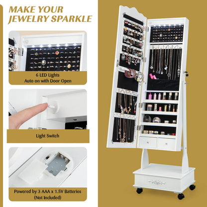 Rolling Floor Standing Mirrored Jewelry Armoire With Lock, Drawers, White Jewelry Armoires at Gallery Canada