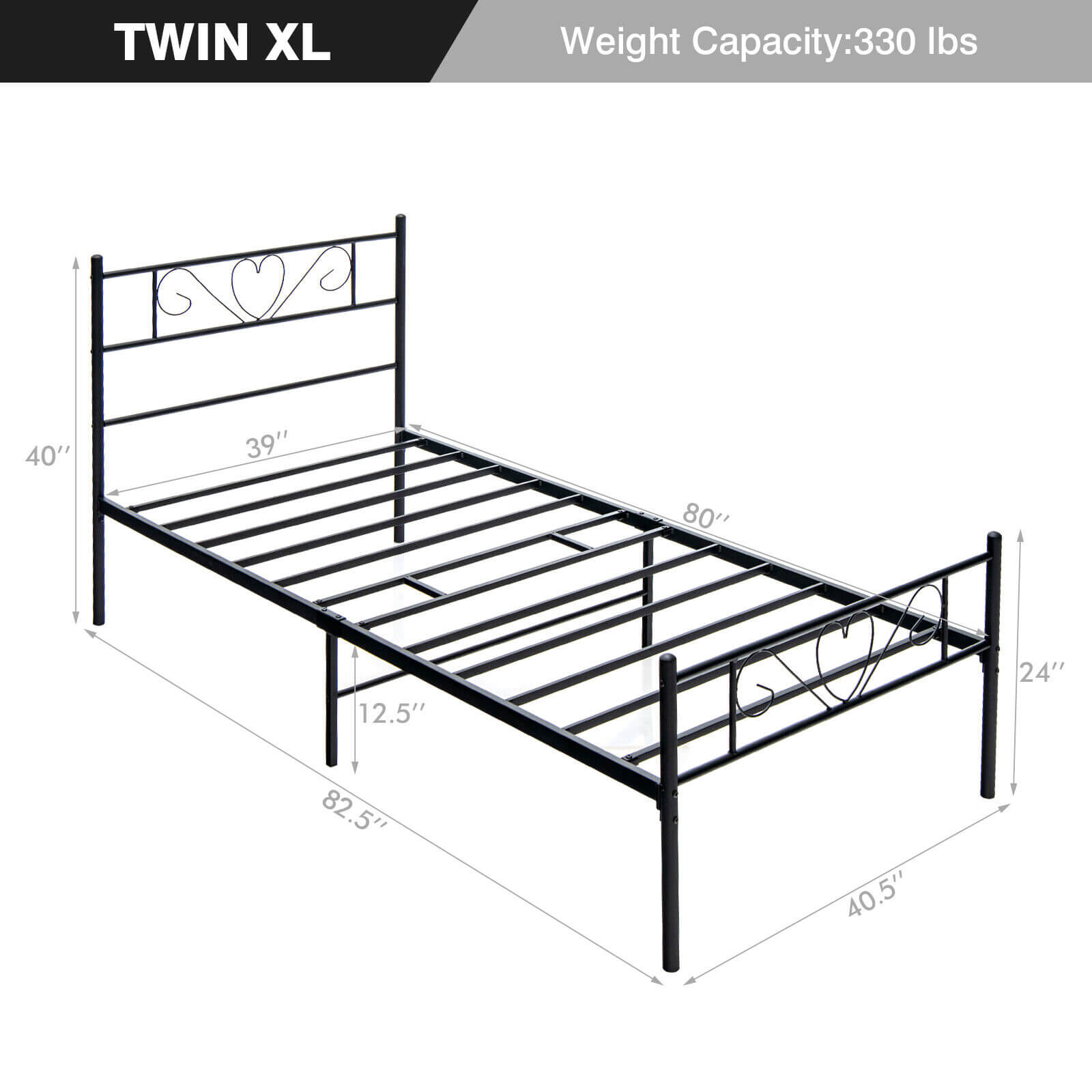 Twin XL Metal Bed Frame with Heart Headboard, Black Simple Bed Frame at Gallery Canada