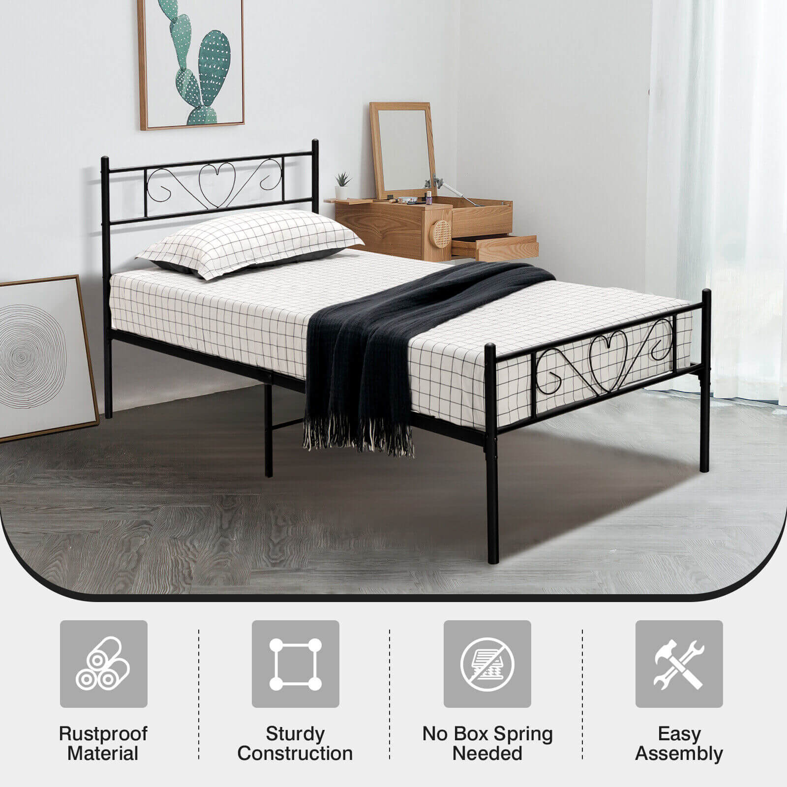 Twin XL Metal Bed Frame with Heart Headboard, Black Simple Bed Frame at Gallery Canada