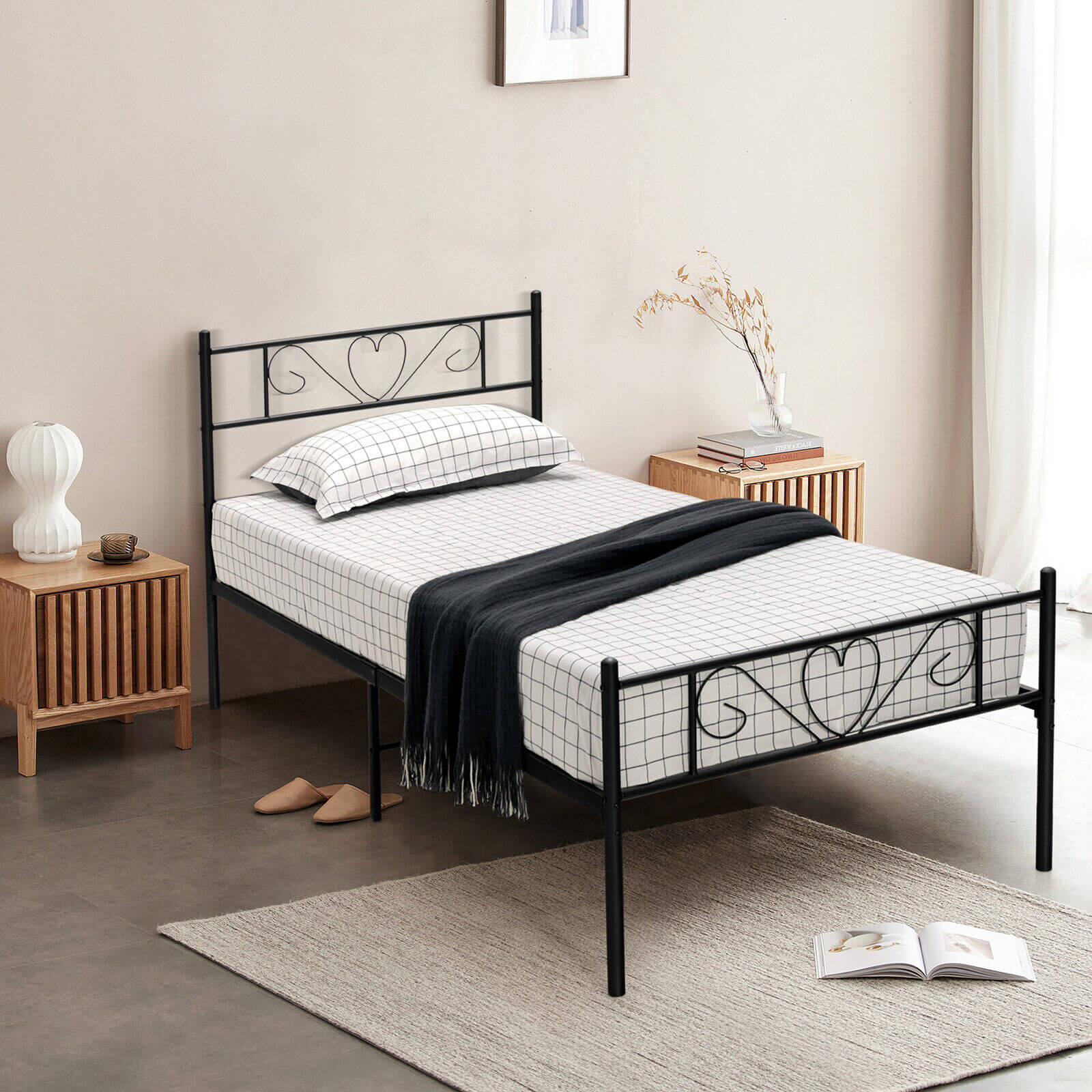 Twin XL Metal Bed Frame with Heart Headboard, Black Simple Bed Frame at Gallery Canada