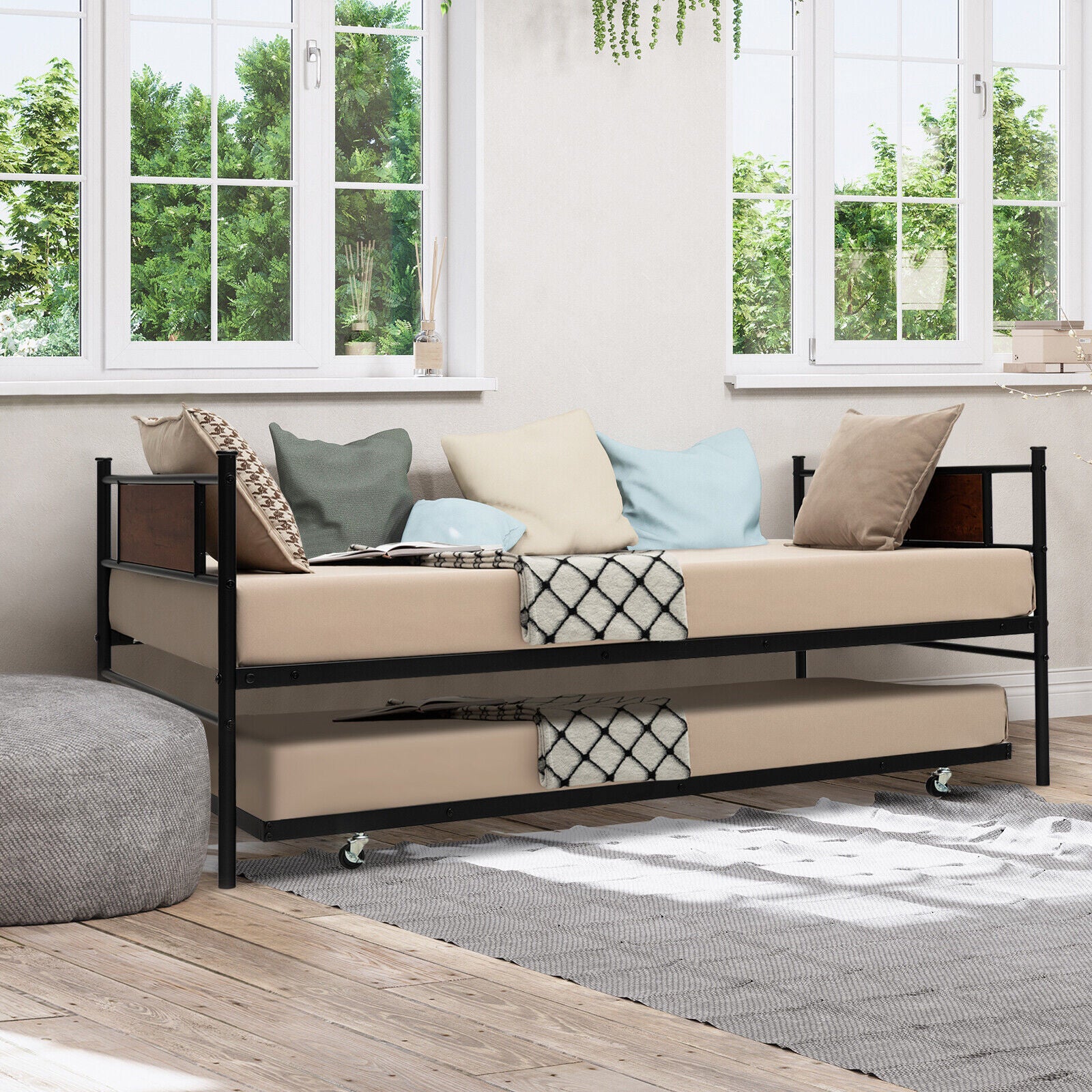 Twin Size 2-In-1 Daybed Frame With Pullout Trundle, Black Trundle Bed Frame at Gallery Canada