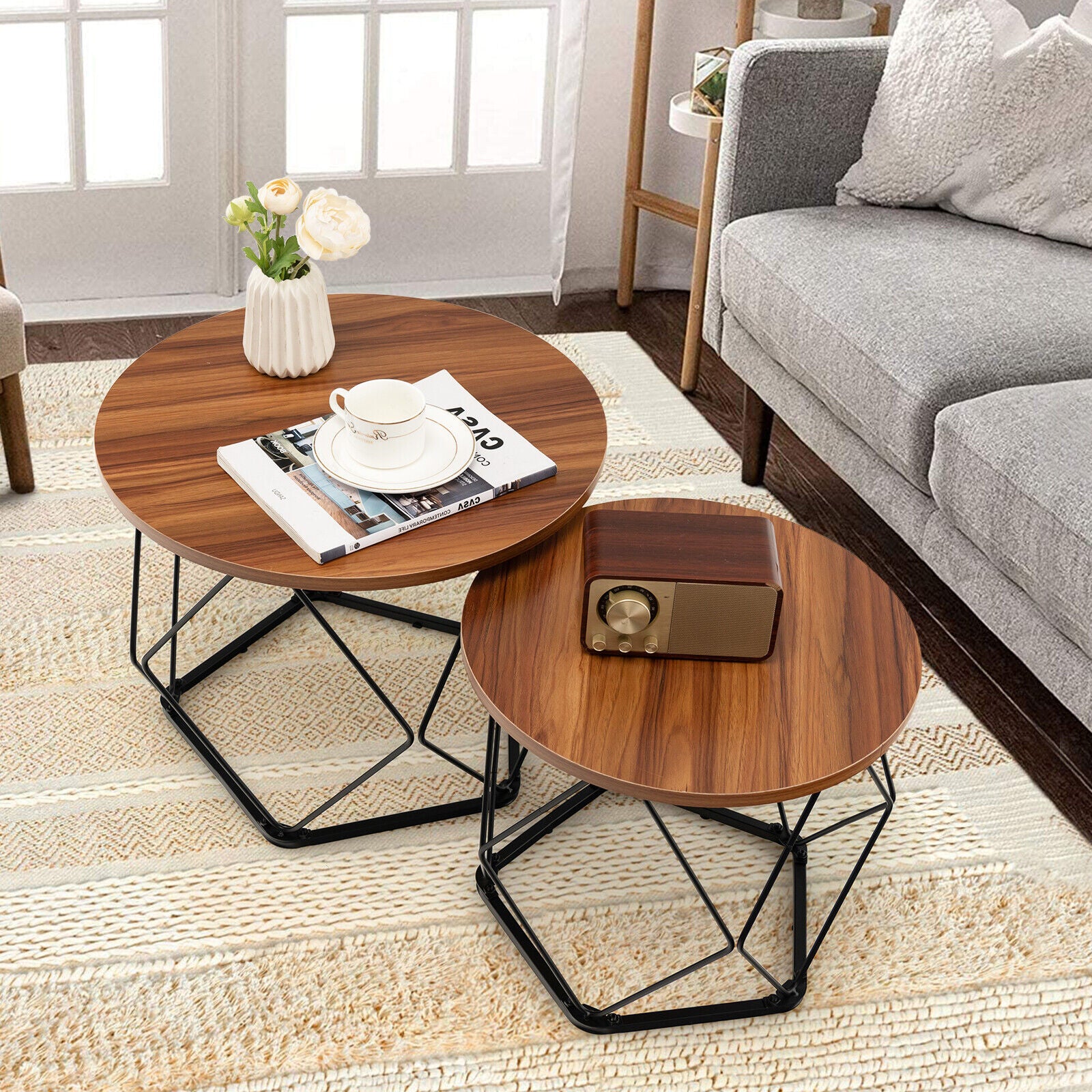 Set of 2 Round Coffee Tables, Pentagonal Base, Rustic Brown Coffee Tables at Gallery Canada