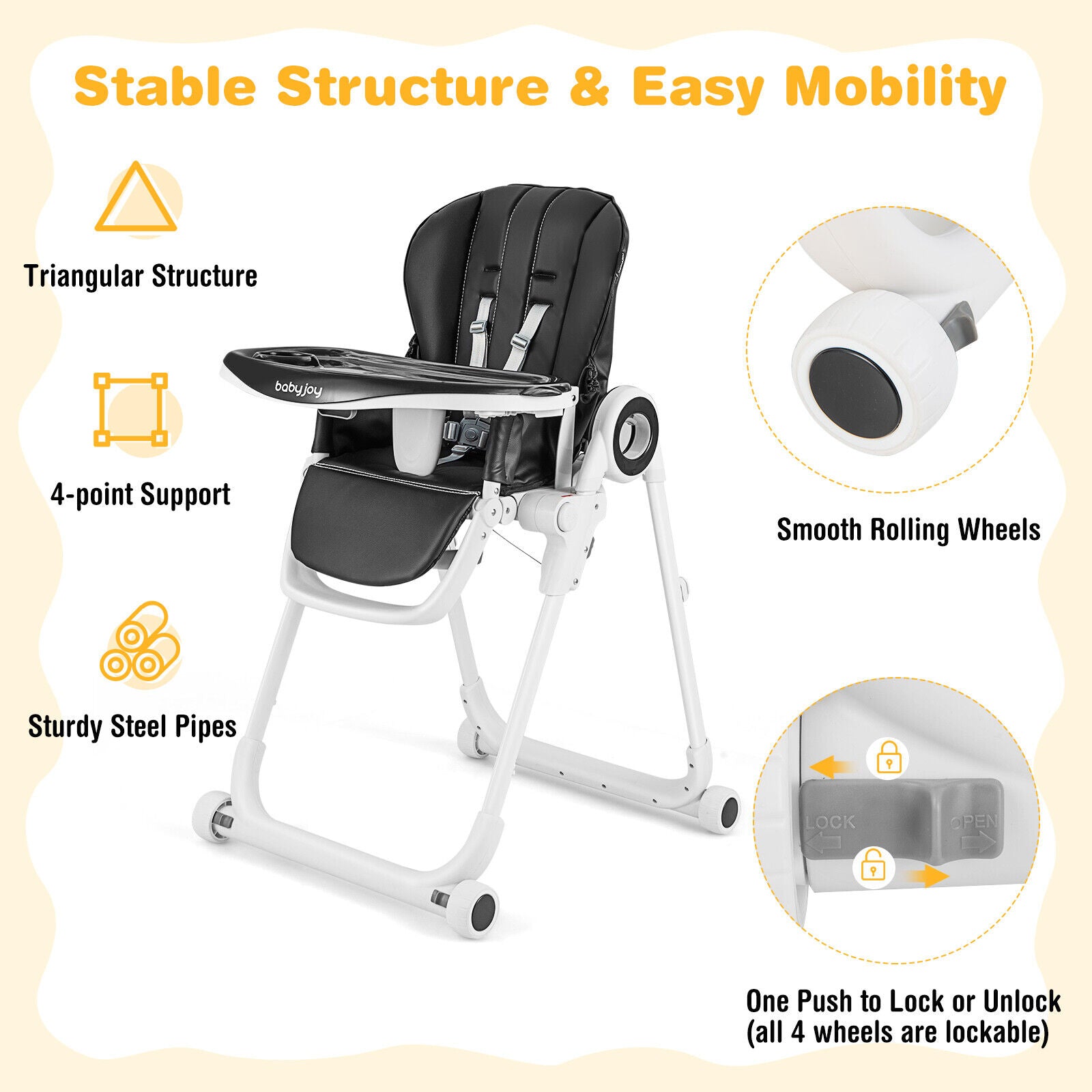 Baby High Chair, Foldable Feeding Chair, 4 Lockable Wheels, Black High Chairs at Gallery Canada