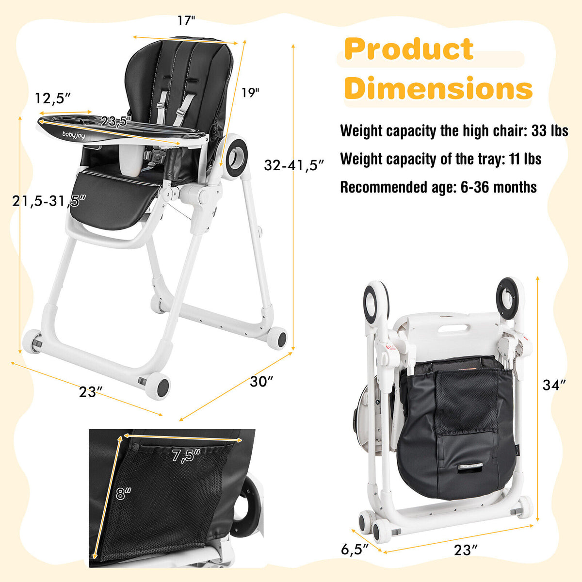 Baby High Chair, Foldable Feeding Chair, 4 Lockable Wheels, Black High Chairs at Gallery Canada
