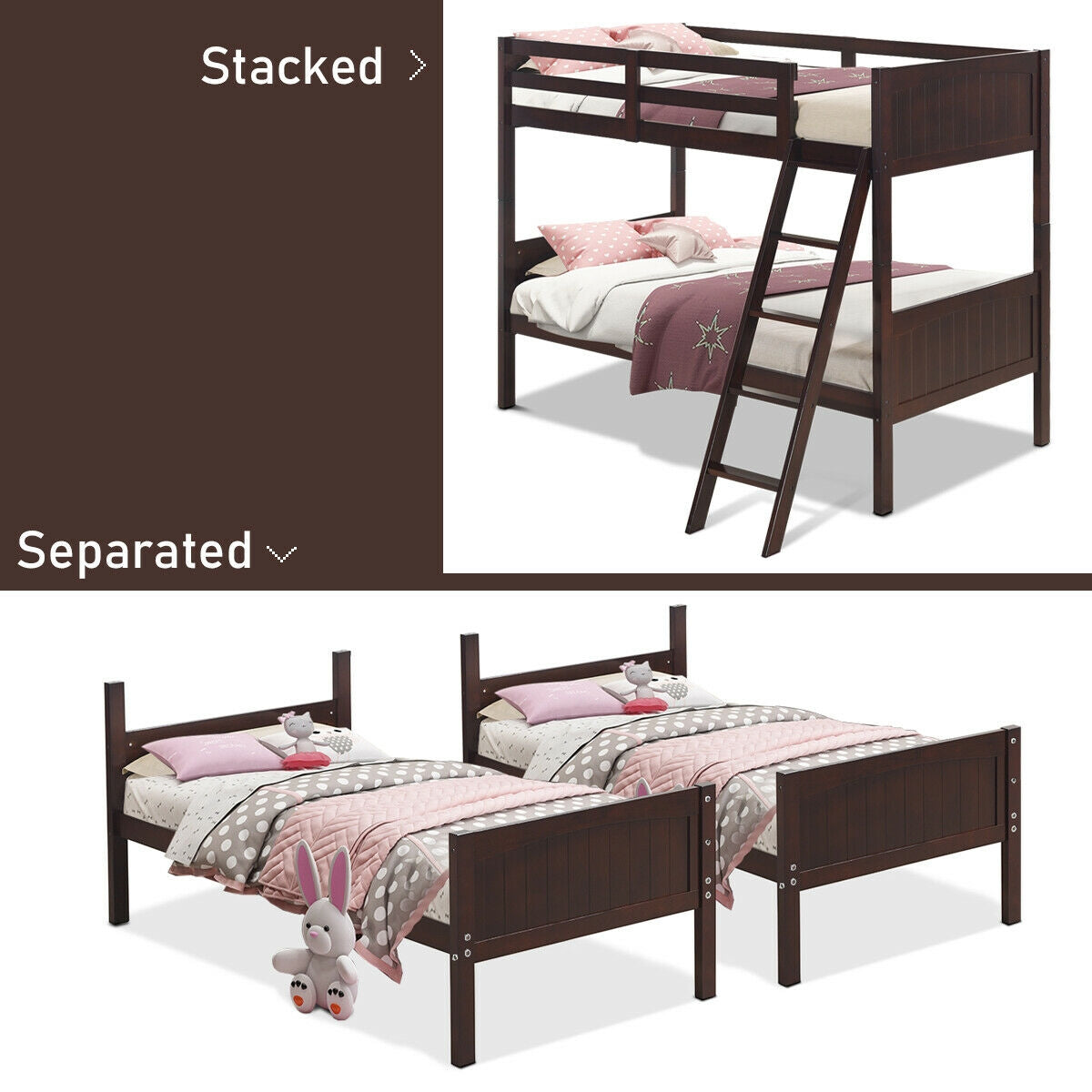 Twin Size Wooden Bunk Beds, Convertible To 2 Beds, Brown Bunk Bed Frame at Gallery Canada