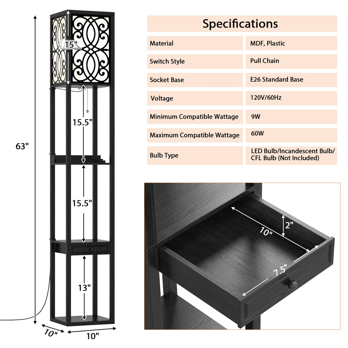 Modern Standing Shelf Lamp, 1 Outlet 2 USB Ports, Black Table & Floor Lamps at Gallery Canada