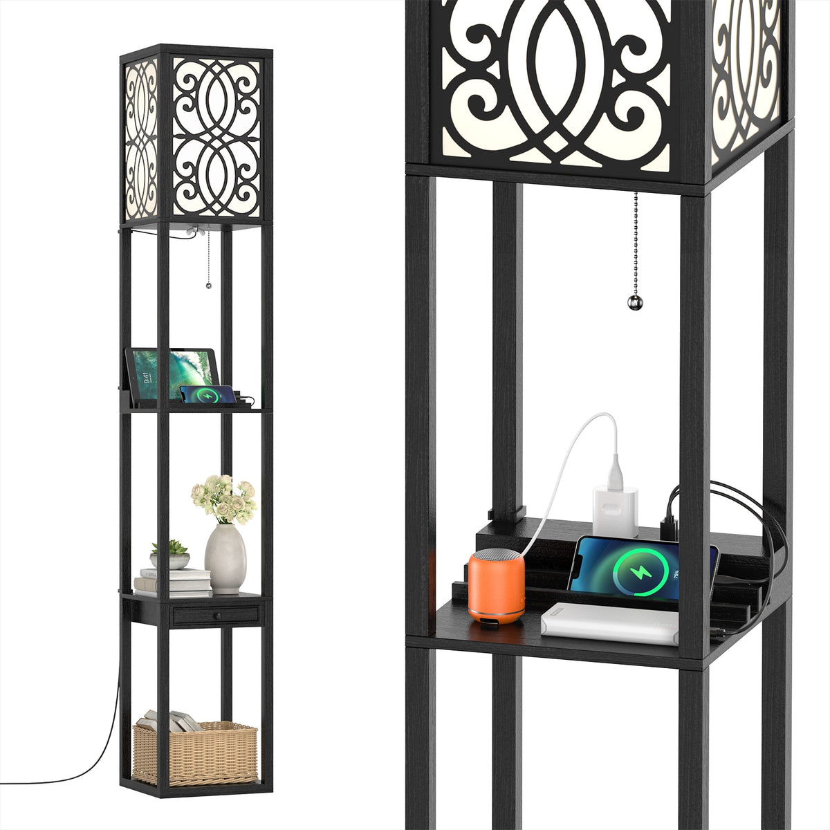 Modern Standing Shelf Lamp, 1 Outlet 2 USB Ports, Black Table & Floor Lamps at Gallery Canada