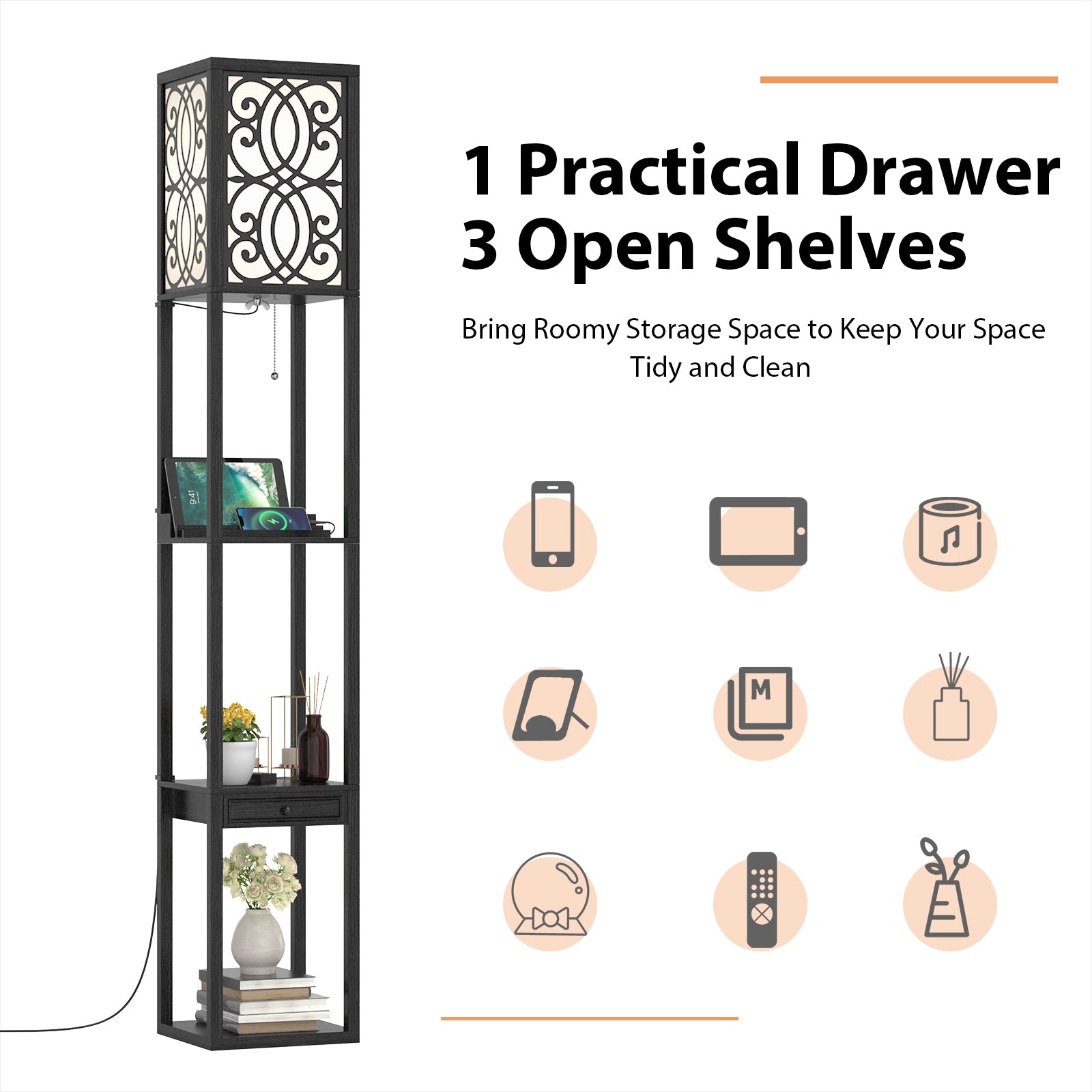 Modern Standing Shelf Lamp, 1 Outlet 2 USB Ports, Black Table & Floor Lamps at Gallery Canada
