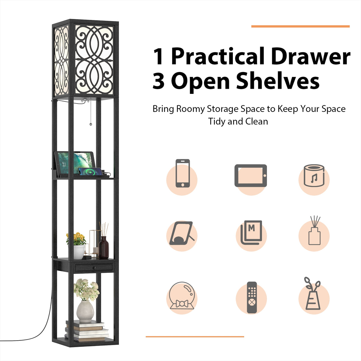 Modern Standing Shelf Lamp, 1 Outlet 2 USB Ports, Black Table & Floor Lamps at Gallery Canada