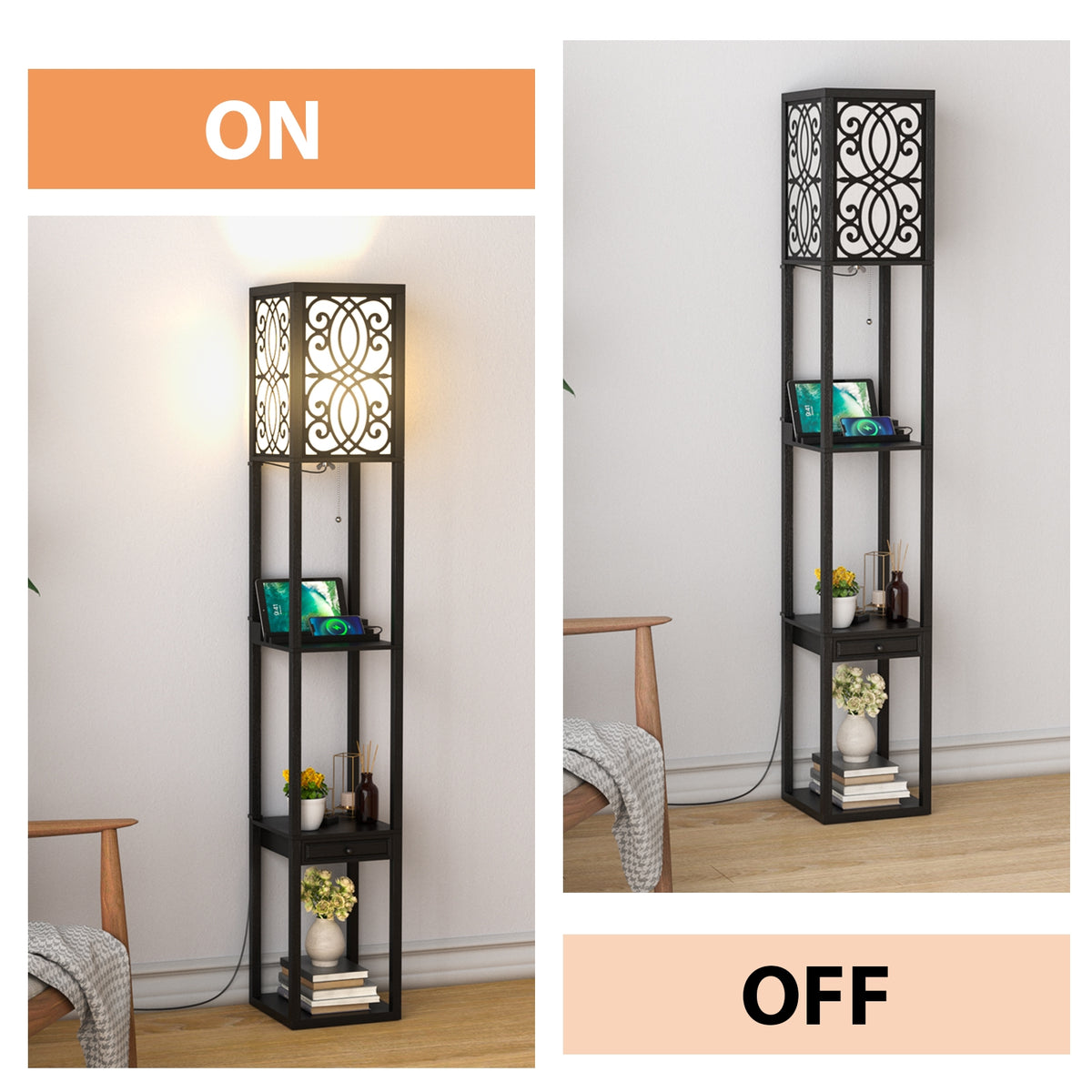 Modern Standing Shelf Lamp, 1 Outlet 2 USB Ports, Black Table & Floor Lamps at Gallery Canada