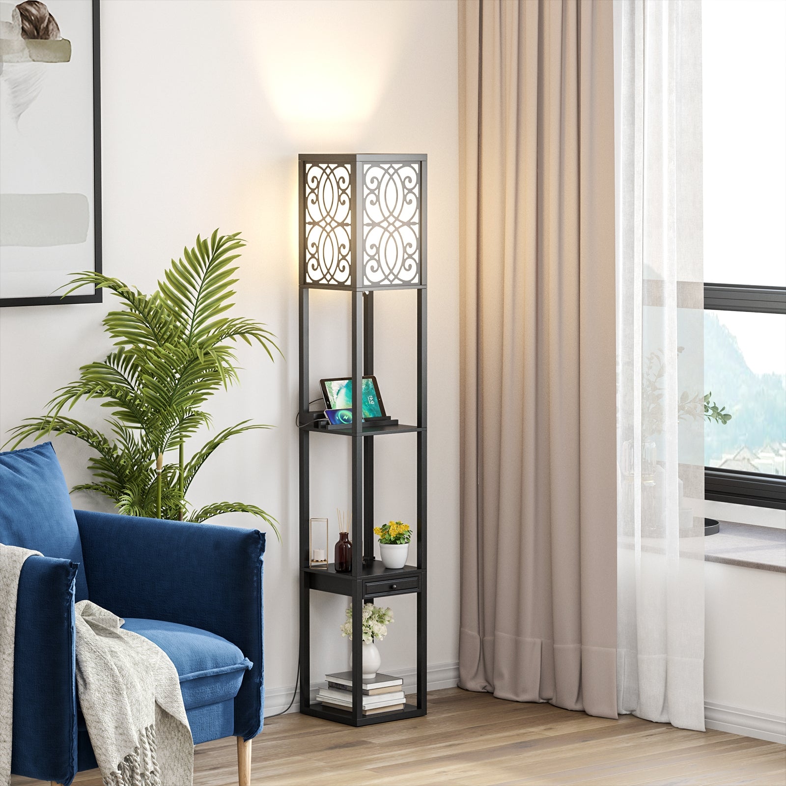 Modern Standing Shelf Lamp, 1 Outlet 2 USB Ports, Black Table & Floor Lamps at Gallery Canada