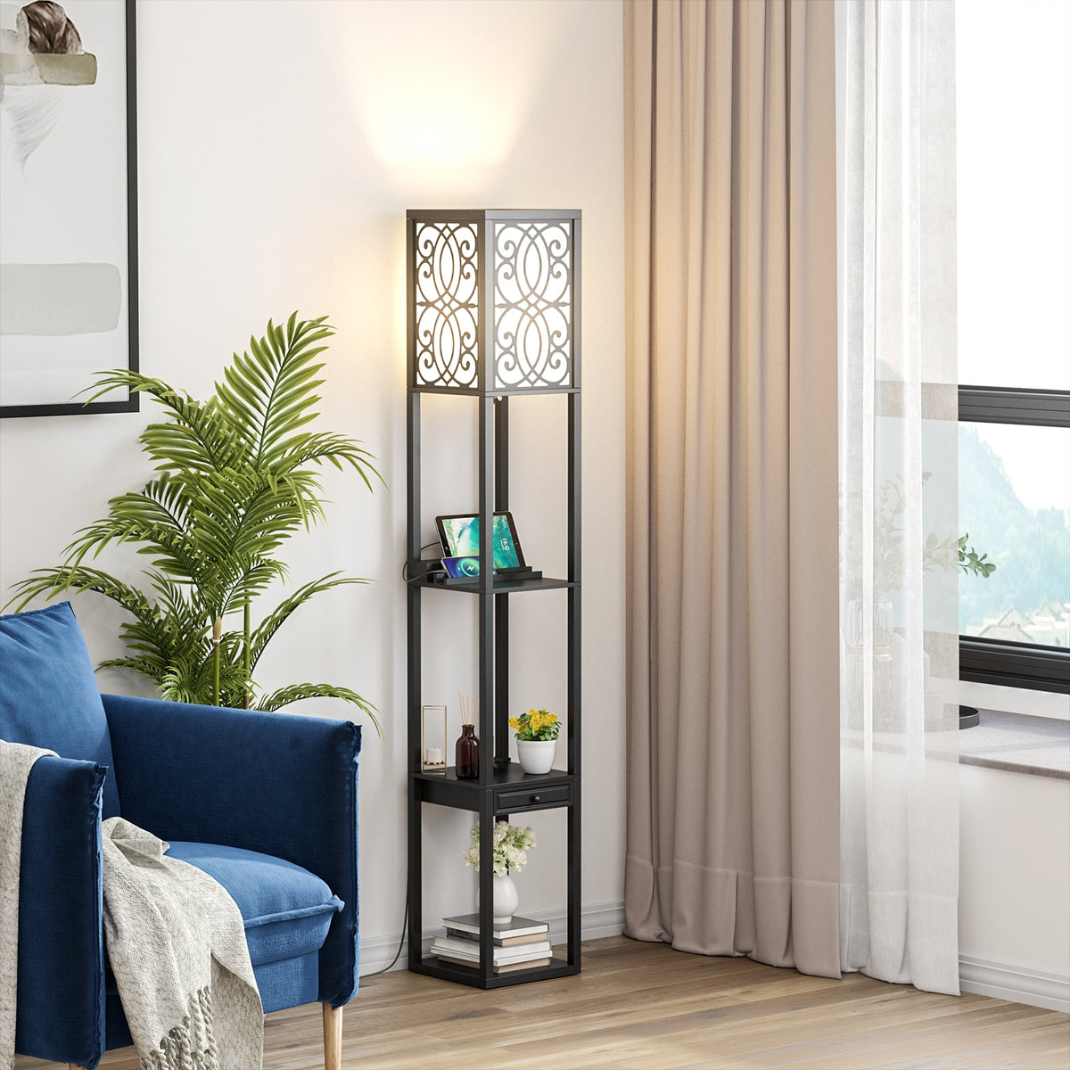 Modern Standing Shelf Lamp, 1 Outlet 2 USB Ports, Black Table & Floor Lamps at Gallery Canada