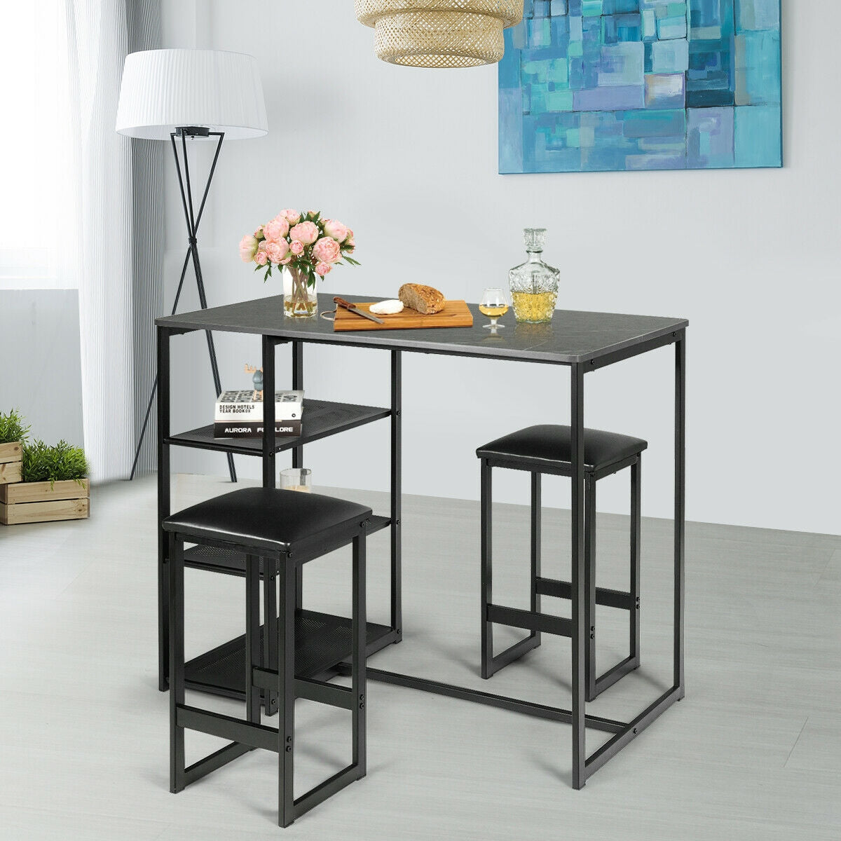 3 Pcs Dining Set, Faux Marble Table, 2 Stools, Black Dining Room Sets at Gallery Canada