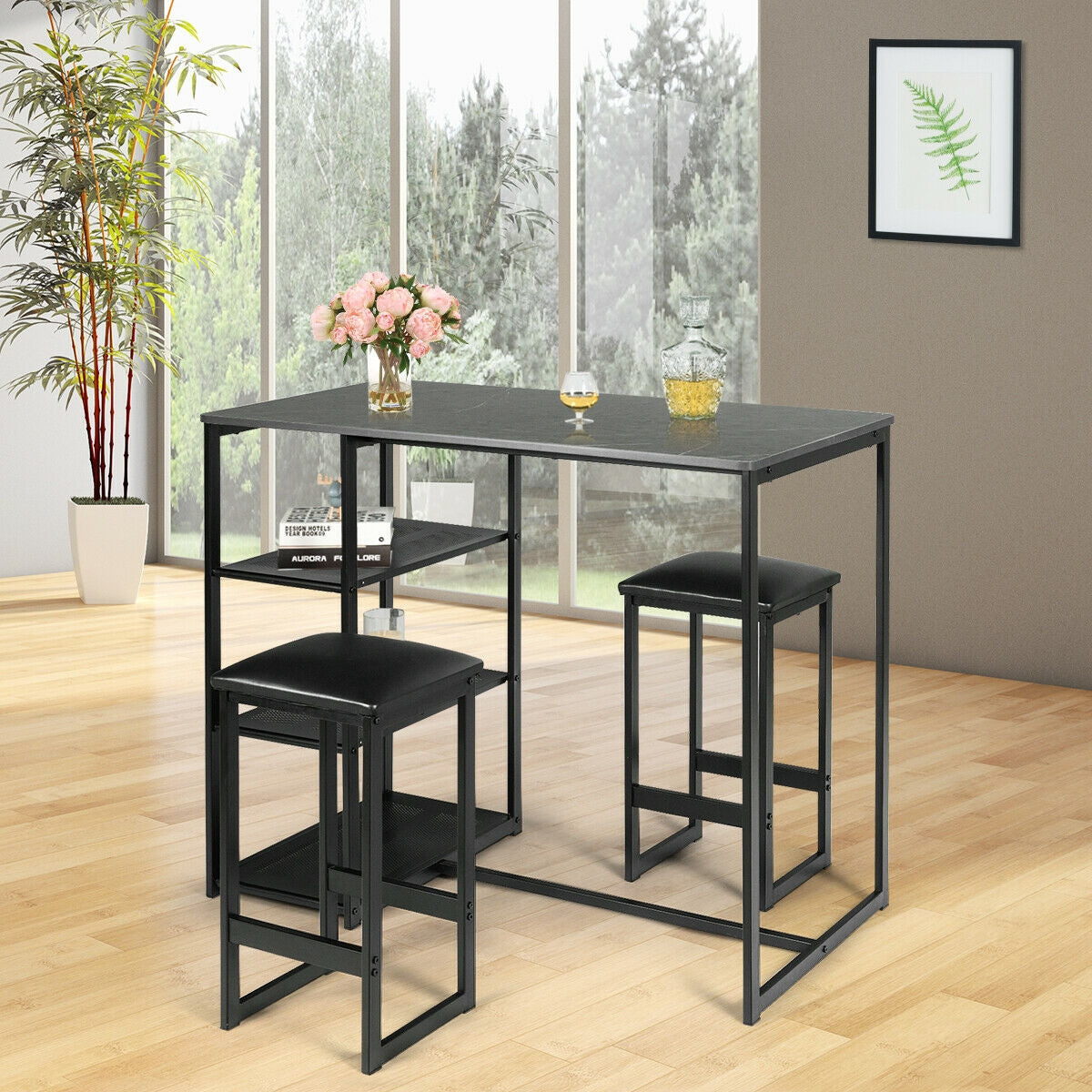 3 Pcs Dining Set, Faux Marble Table, 2 Stools, Black Dining Room Sets at Gallery Canada