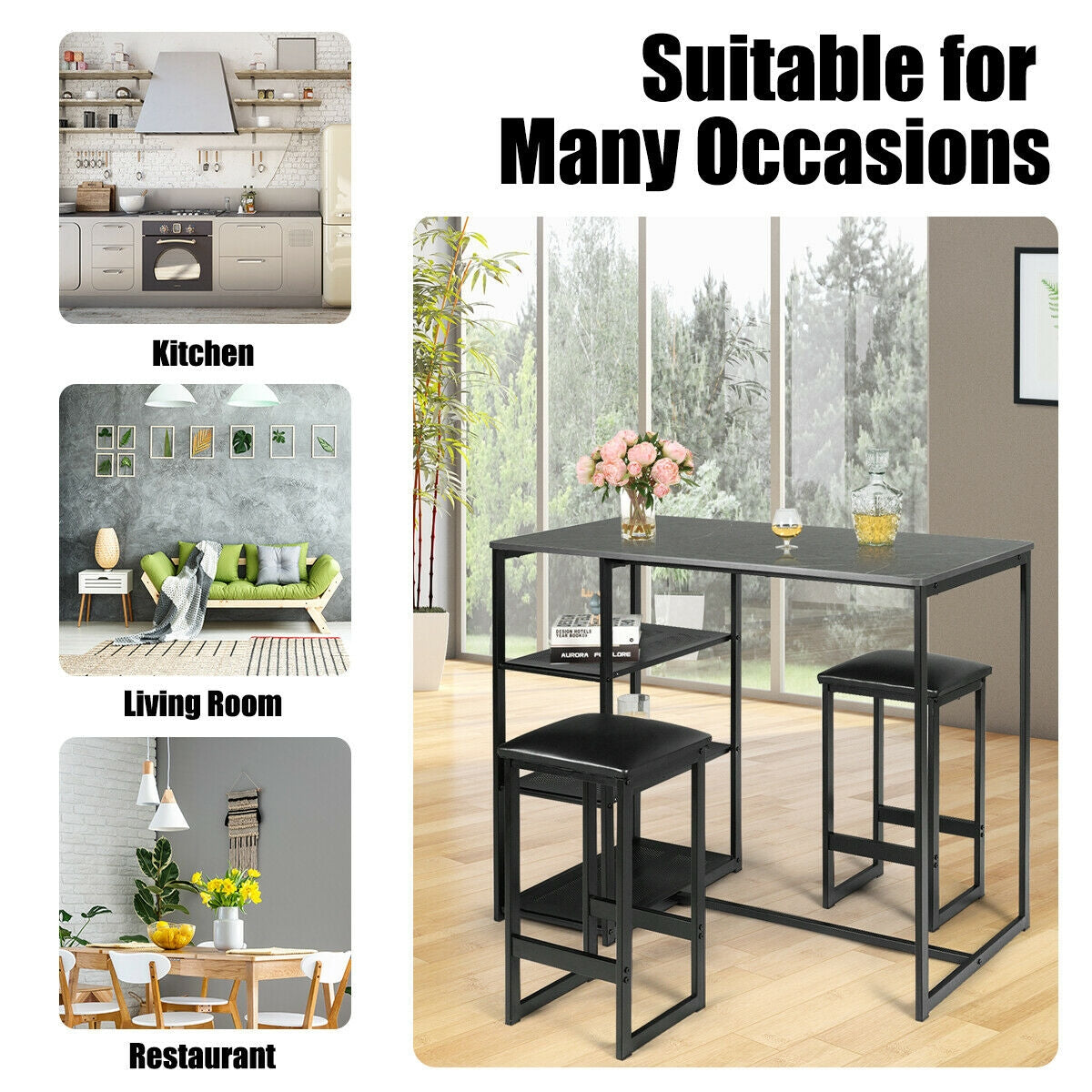3 Pcs Dining Set, Faux Marble Table, 2 Stools, Black Dining Room Sets at Gallery Canada