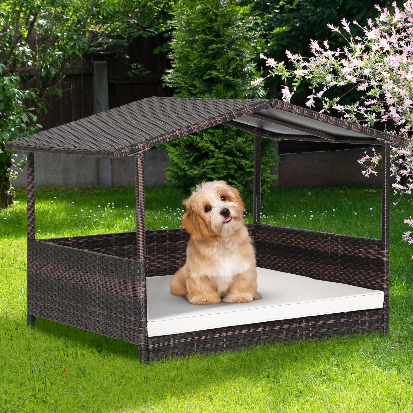 Outdoor Wicker Dog House, Weatherproof Roof, White Dog Kennels at Gallery Canada