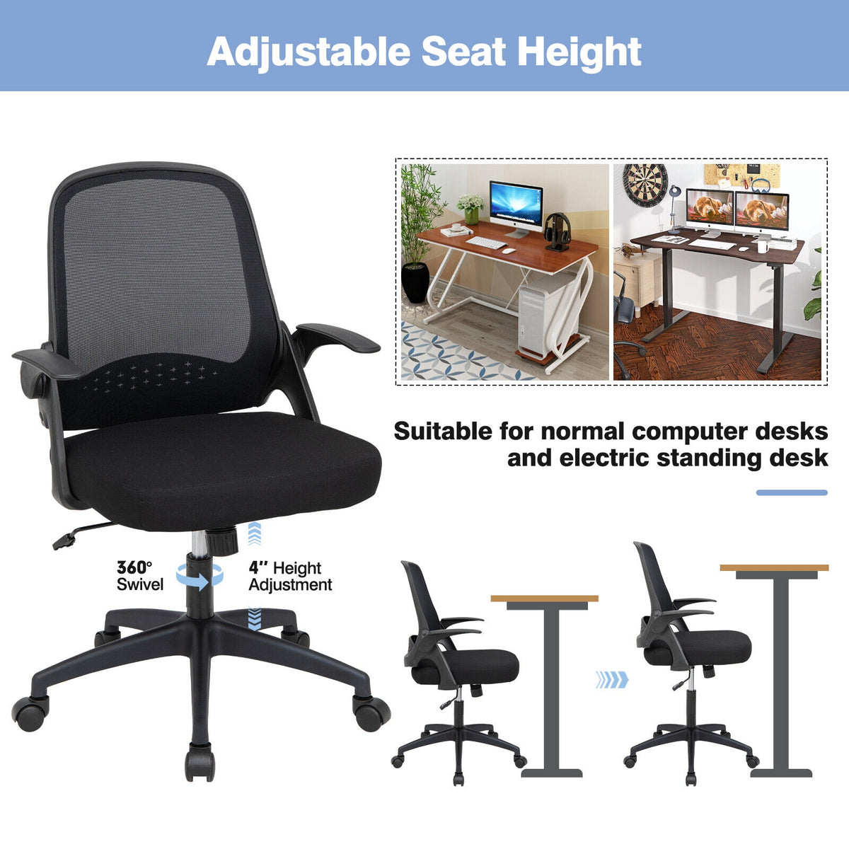 Adjustable Mesh Office Chair, Flip-Up Armrest, Black Mesh Chairs at Gallery Canada