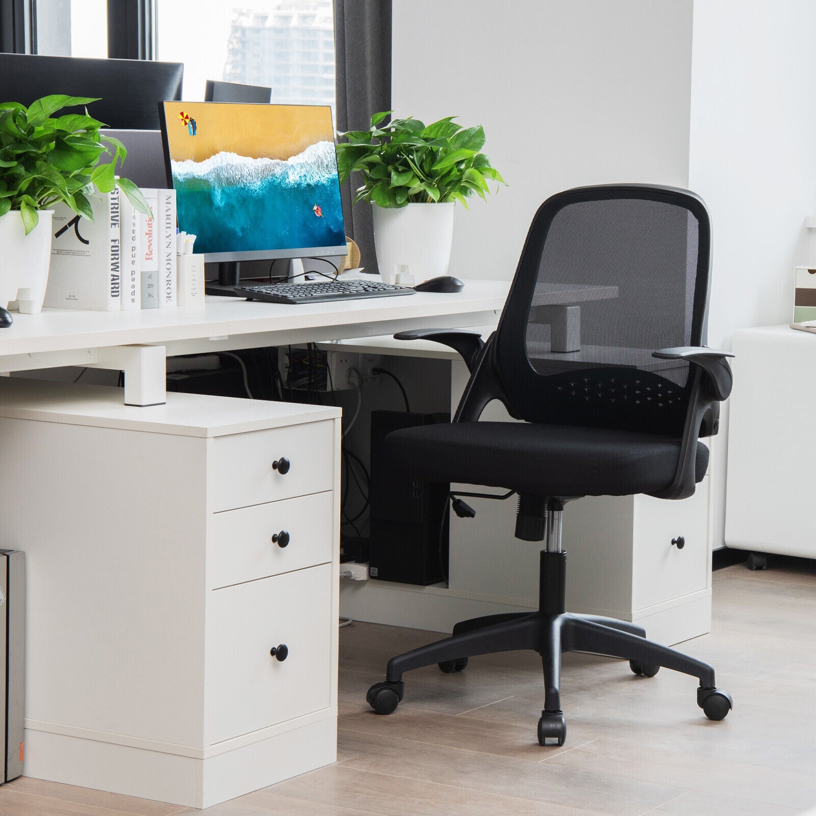 Adjustable Mesh Office Chair, Flip-Up Armrest, Black Mesh Chairs at Gallery Canada
