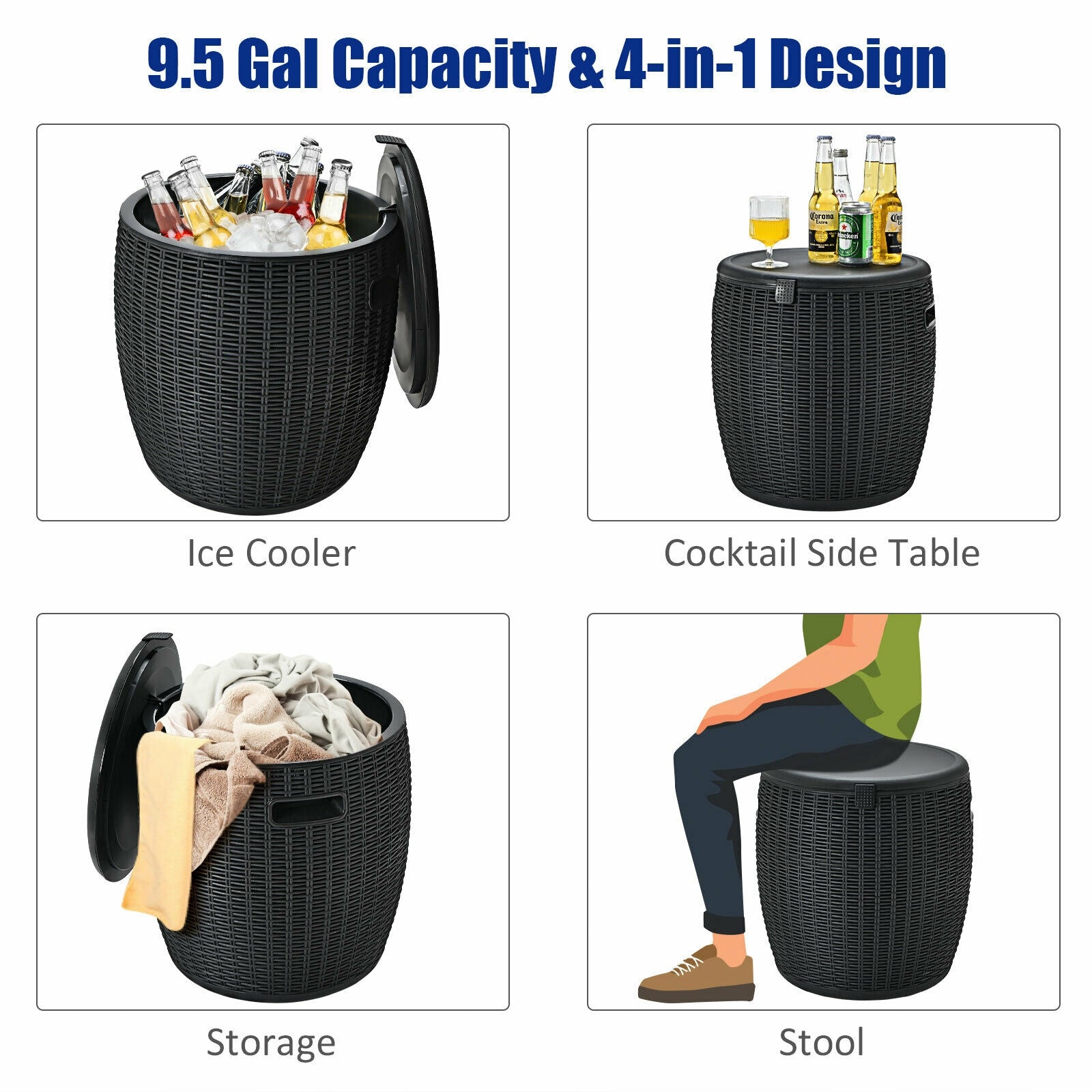 9.5 Gallon 4-In-1 Patio Rattan Cocktail Table, Black Coolers at Gallery Canada