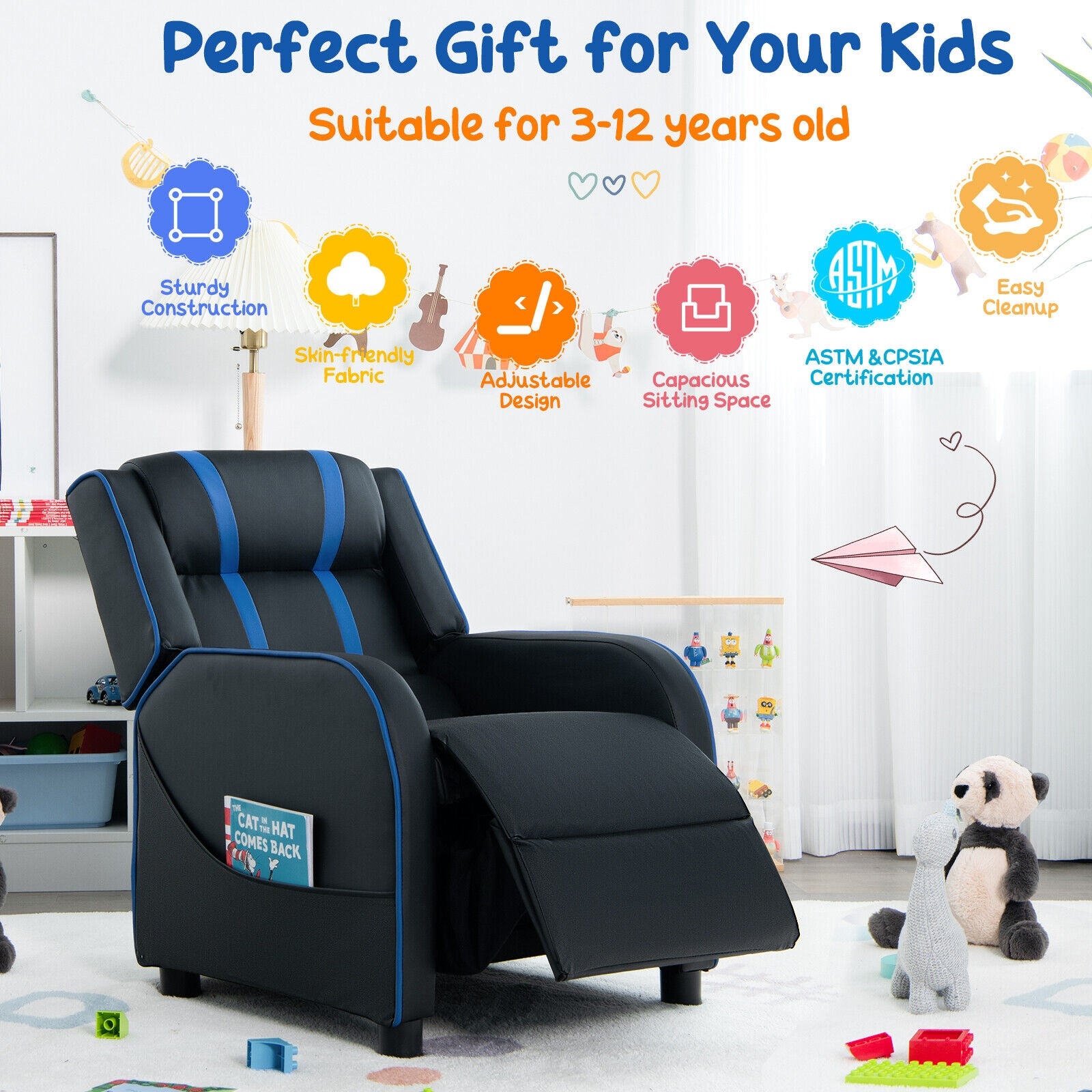 Kids Recliner Chair, With Side Pockets And Footrest, Blue Kids Chairs & Seating at Gallery Canada