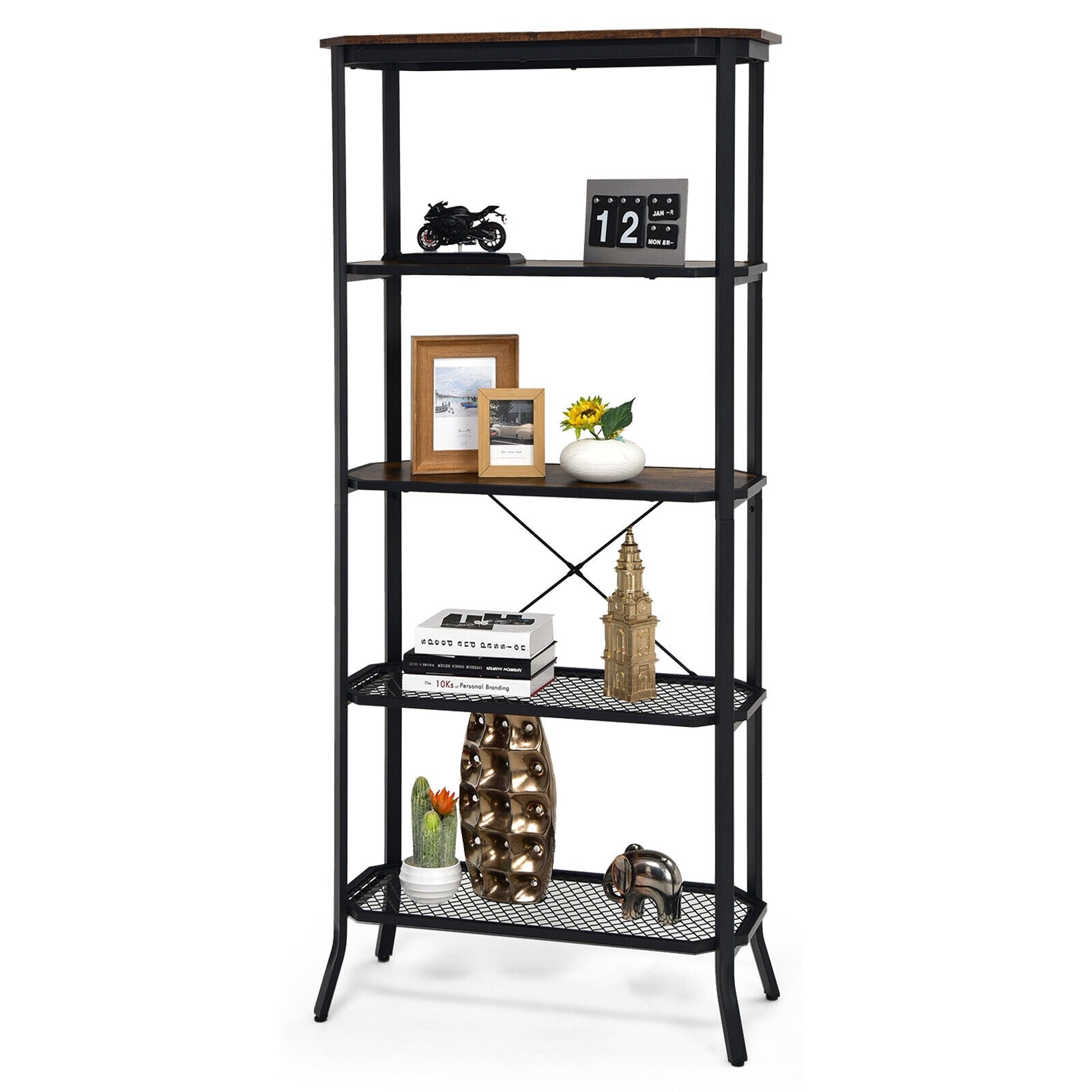 Industrial 5-Layer Bookshelf, Rustic Brown Bookcases at Gallery Canada