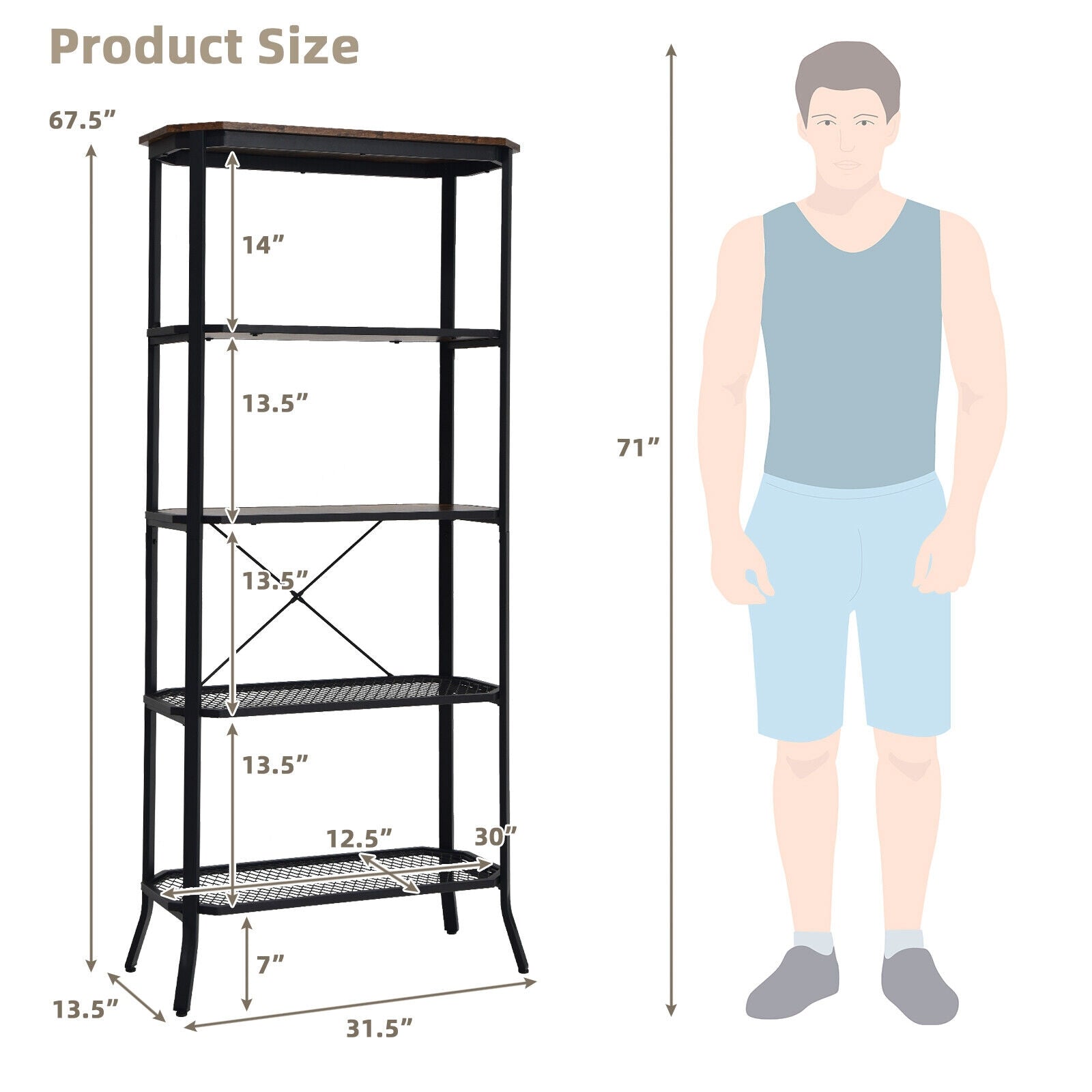 Industrial 5-Layer Bookshelf, Rustic Brown Bookcases at Gallery Canada