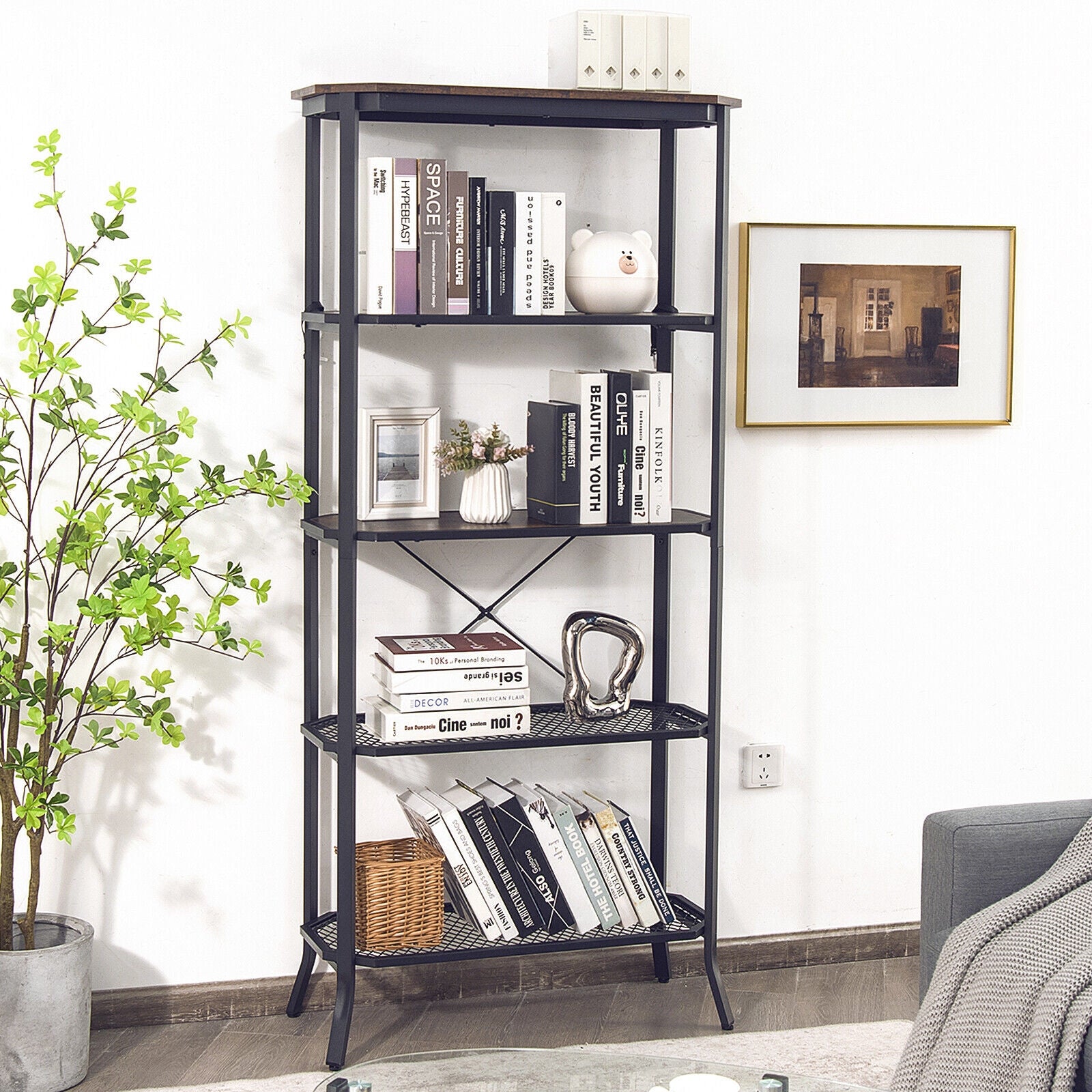 Industrial 5-Layer Bookshelf, Rustic Brown Bookcases at Gallery Canada