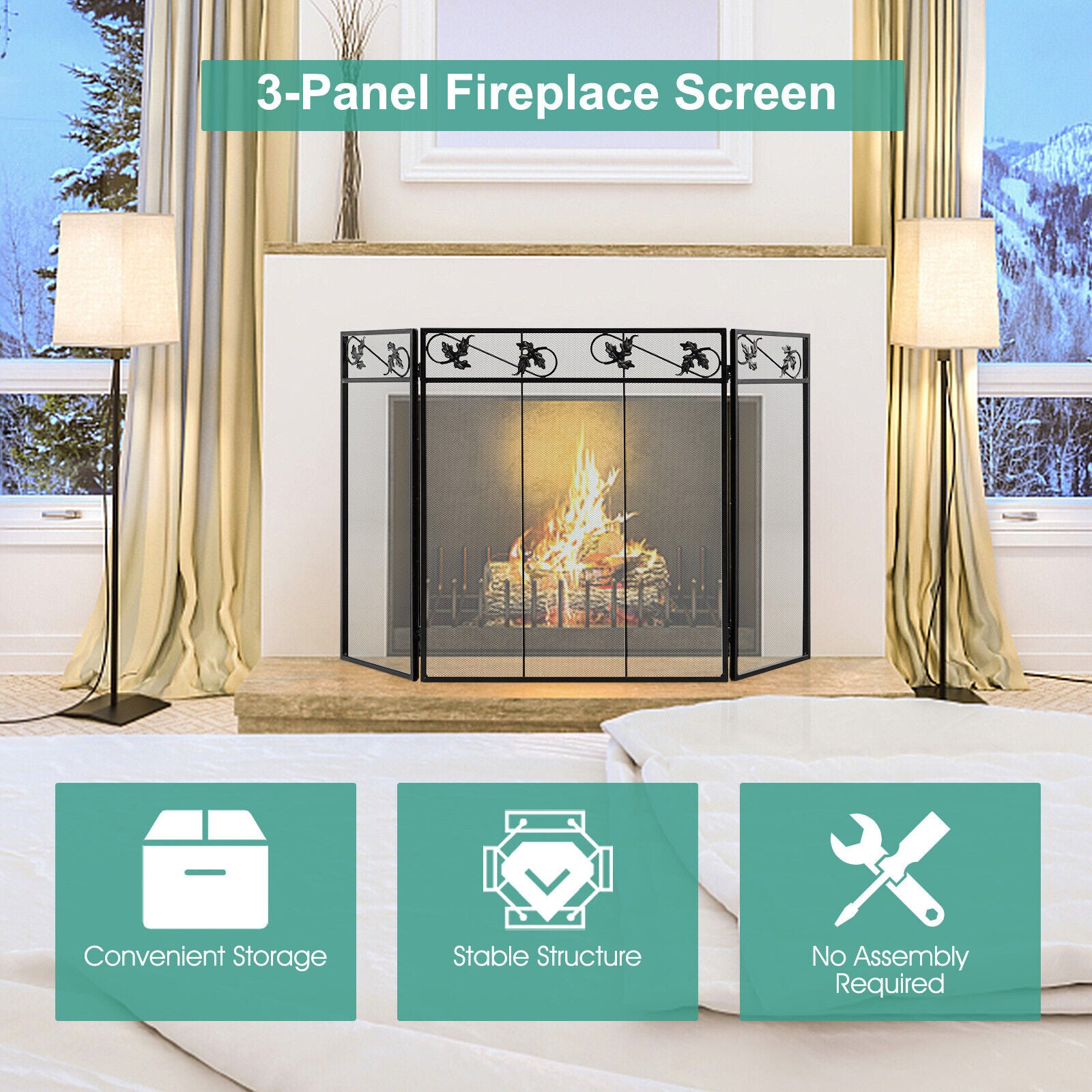 3-Panel Fireplace Screen Cover, Black Fireplace Tools at Gallery Canada