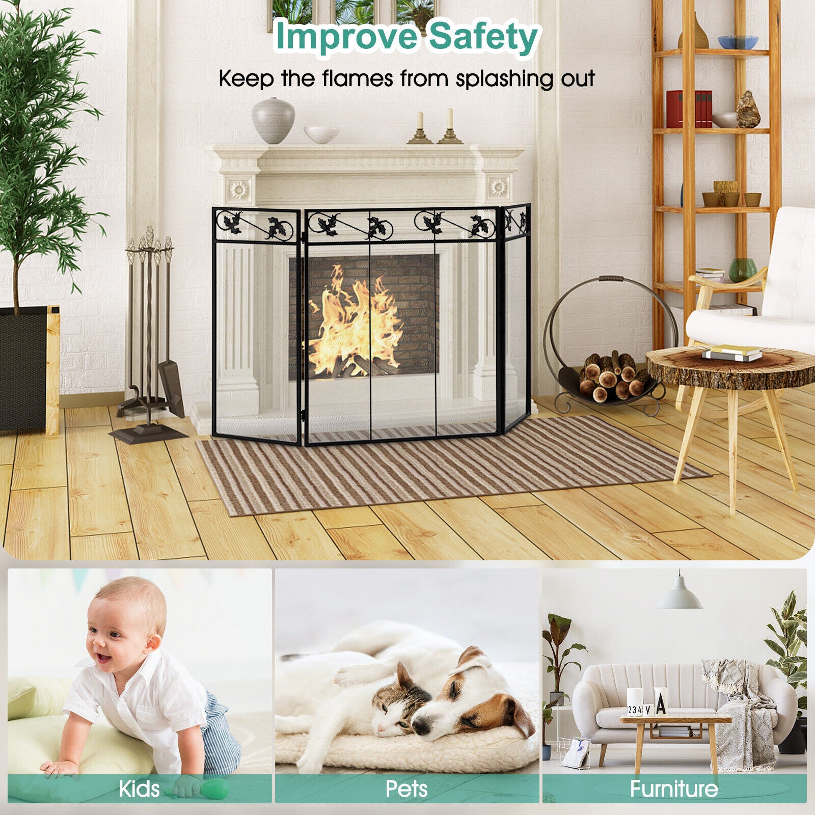 3-Panel Fireplace Screen Cover, Black Fireplace Tools at Gallery Canada