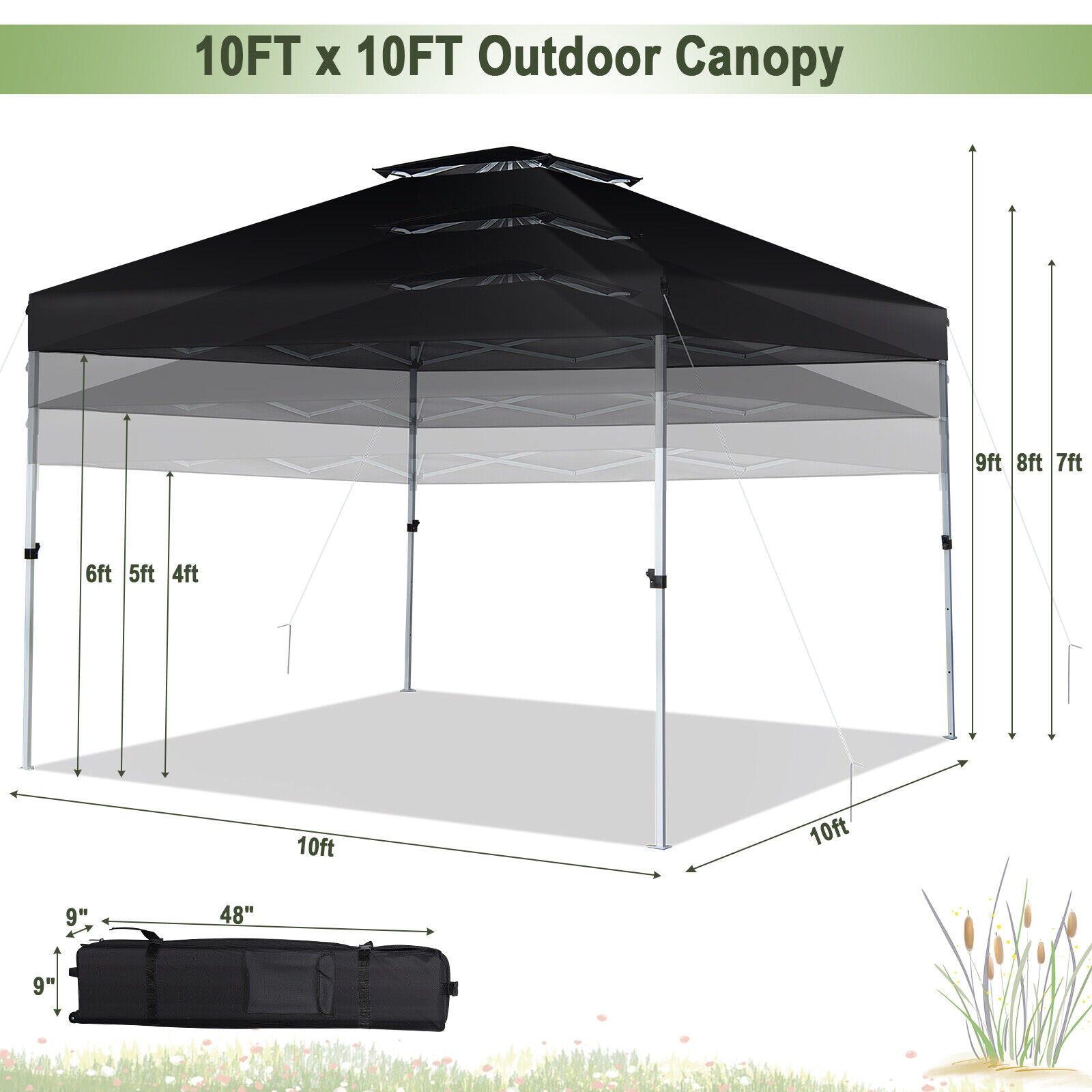 10 x 10 Feet 2-Tier Pop-Up Canopy Tent, Wheeled Carry Bag, Black Canopies at Gallery Canada